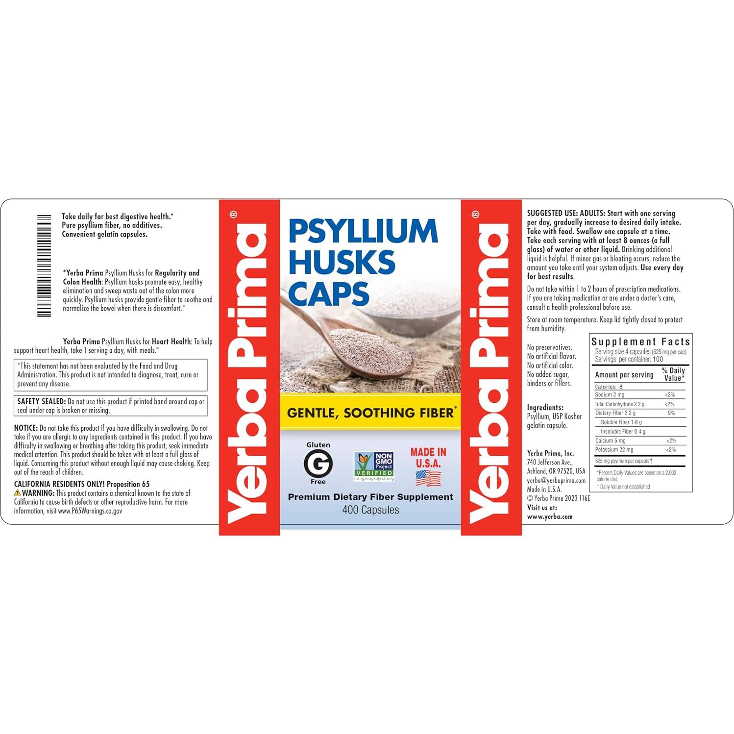 Yerba Prima Psyllium Husks 625 mg 400 Cápsulas - Fibra Natural