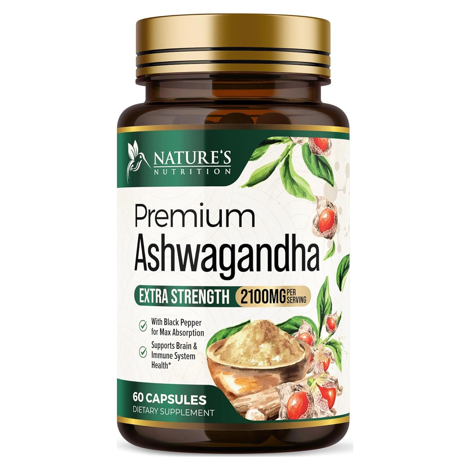 Suplemento de Ashwagandha Nature's Nutrition 2100mg - 60 Cápsulas Veganas