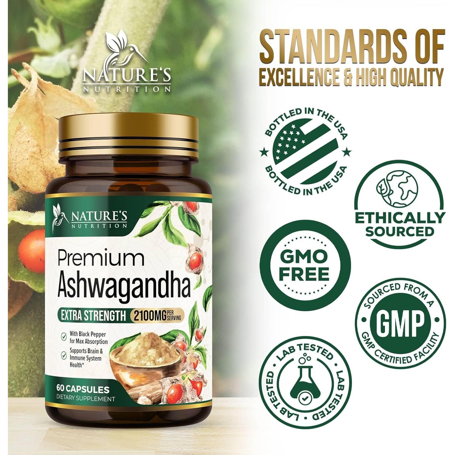 Suplemento de Ashwagandha Nature's Nutrition 2100mg - 60 Cápsulas Veganas