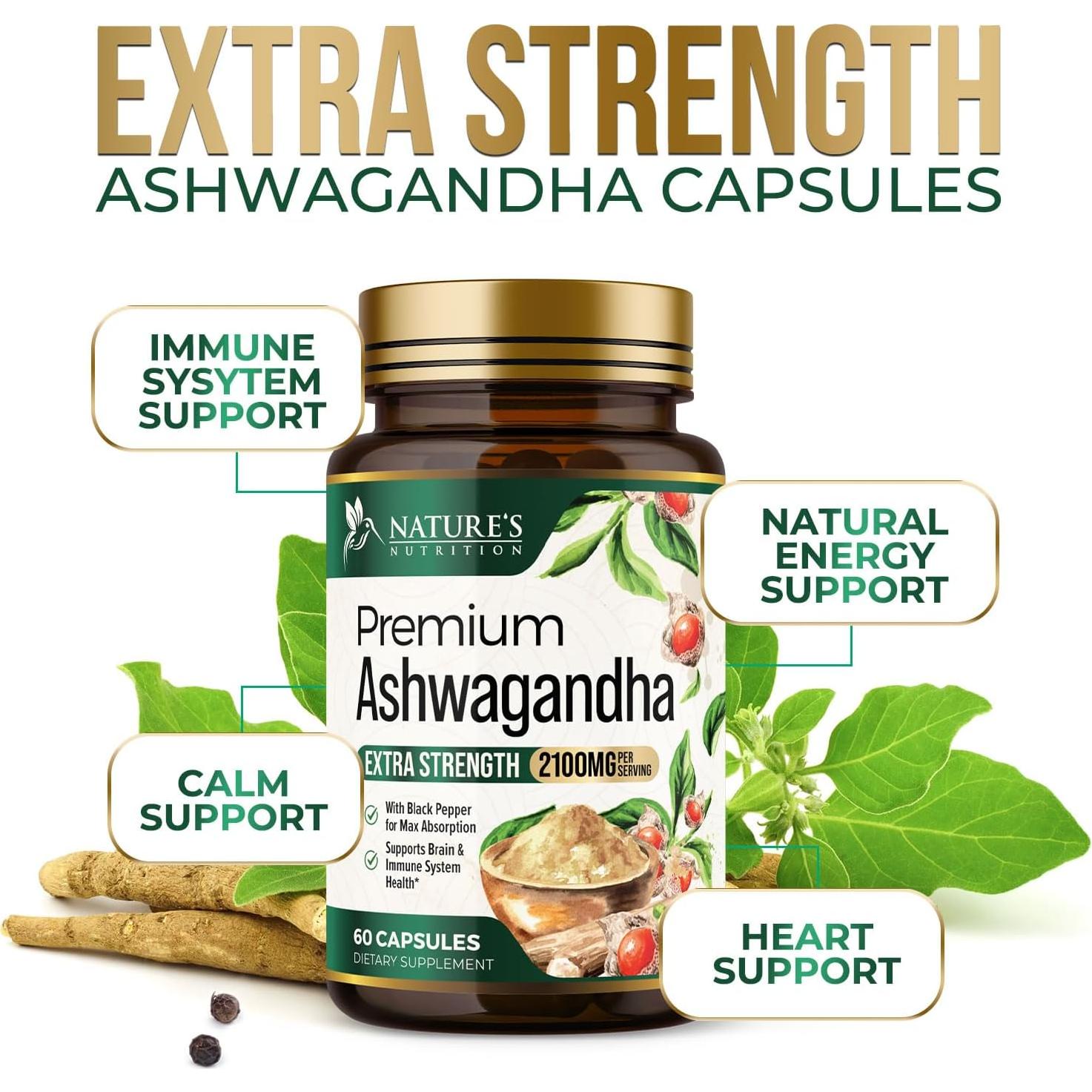 Suplemento de Ashwagandha Nature's Nutrition 2100mg - 60 Cápsulas Veganas