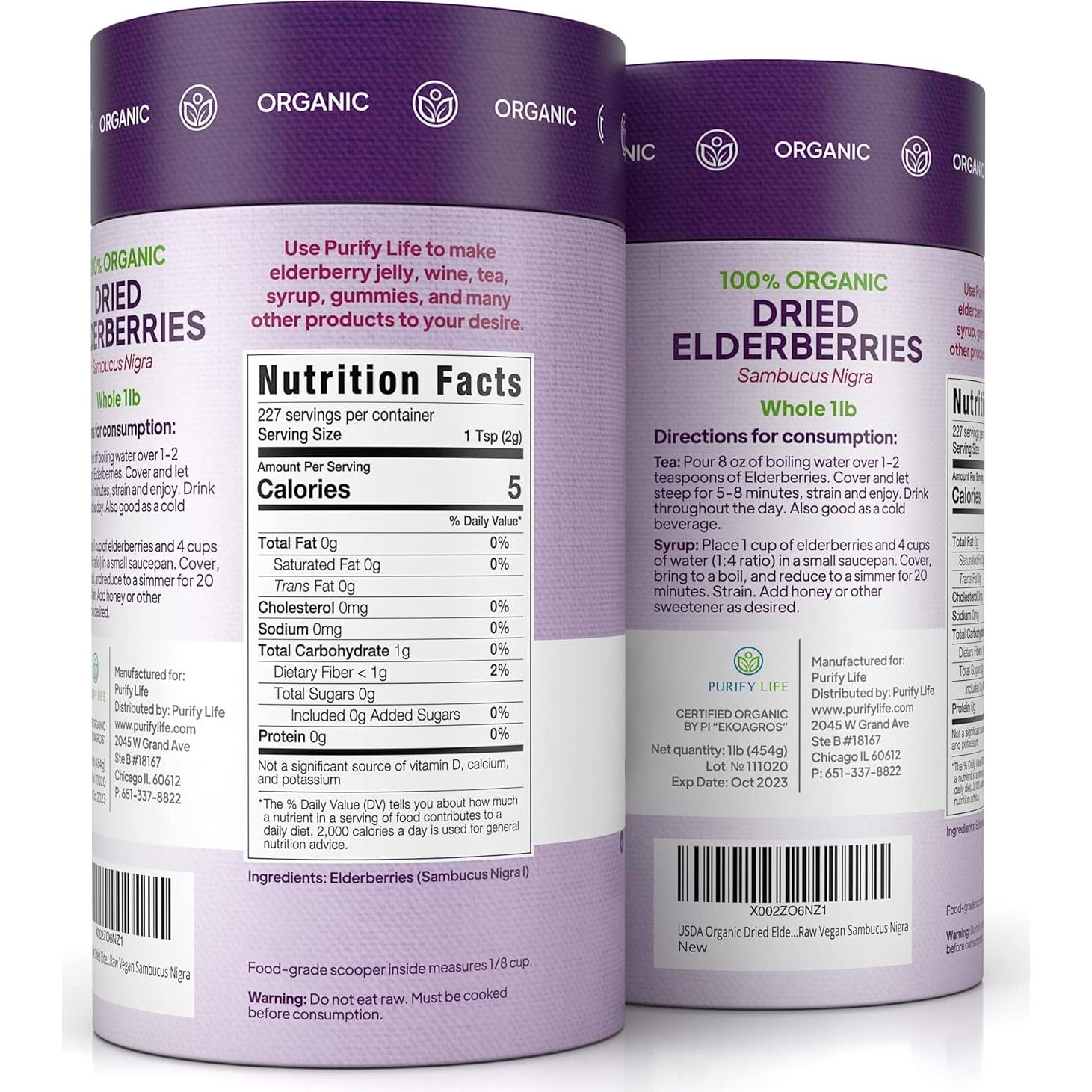 Elderberries Secas Orgánicas Purify Life 450g - Soporte Inmunológico