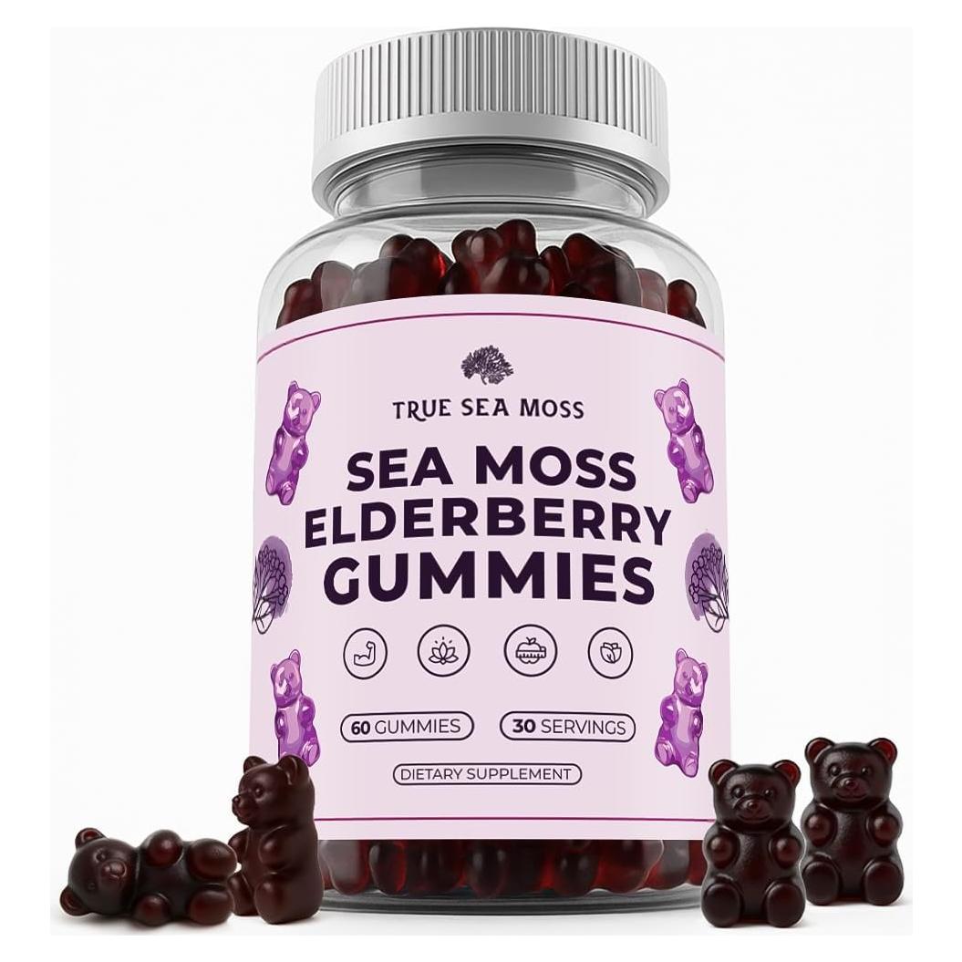TrueSeaMoss Sea Moss Gummies with Elderberry, Burdock Root & Bladderwrack – Vegan, Non-GMO Formula for Adults & Kids – 1200mg per Serving, Fruity Flavor, Made in USA – 60 Gummies