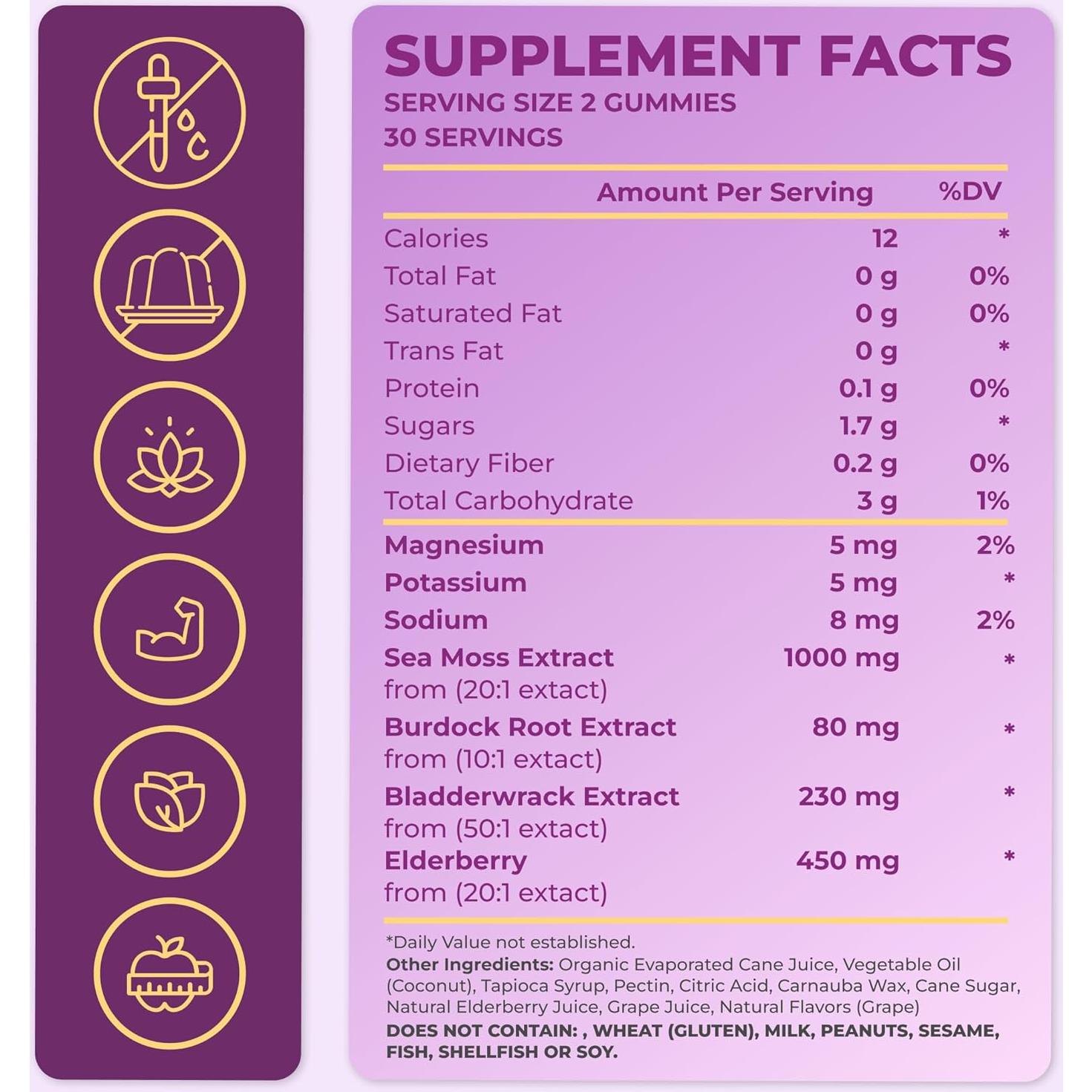 TrueSeaMoss Sea Moss Gummies with Elderberry, Burdock Root & Bladderwrack – Vegan, Non-GMO Formula for Adults & Kids – 1200mg per Serving, Fruity Flavor, Made in USA – 60 Gummies