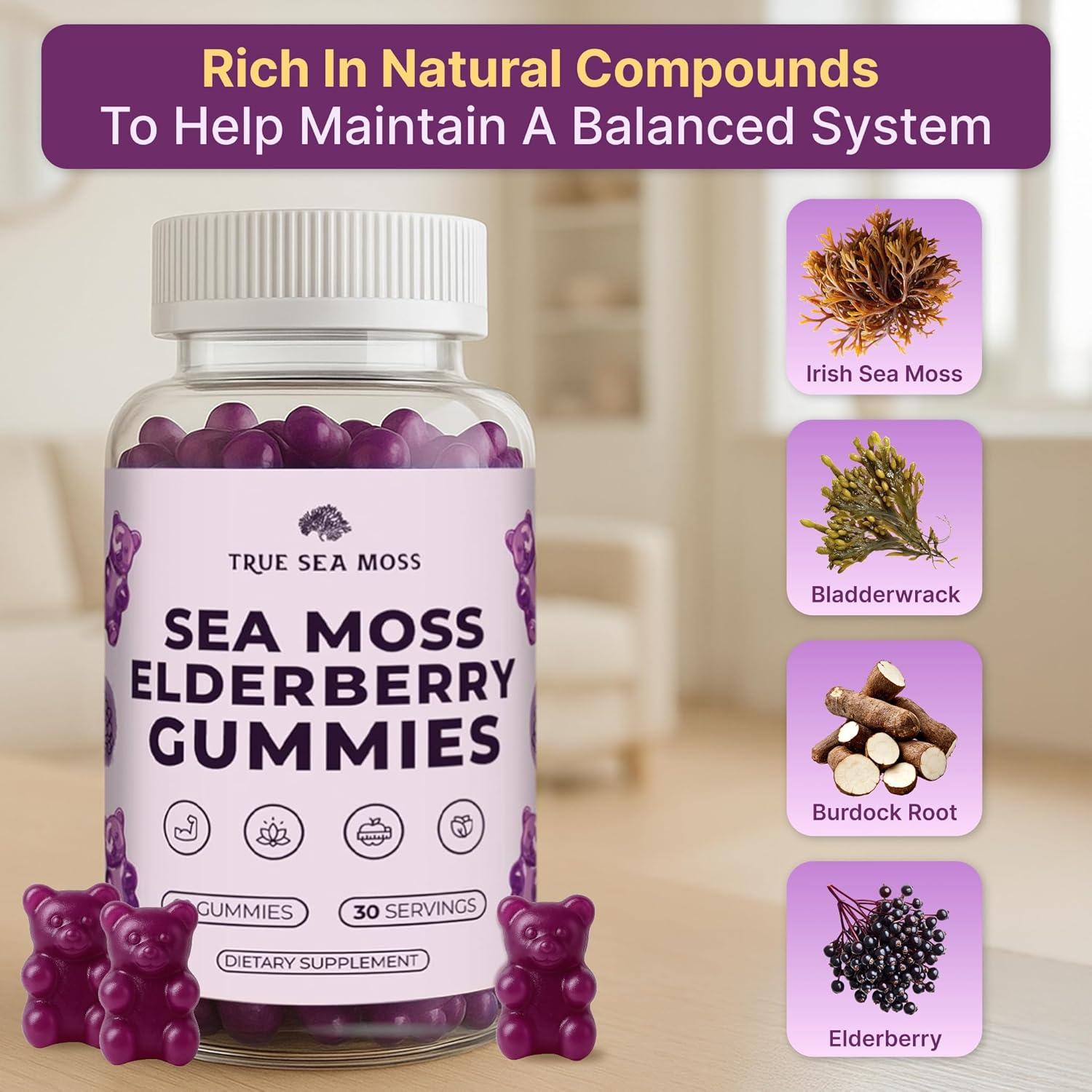 TrueSeaMoss Sea Moss Gummies with Elderberry, Burdock Root & Bladderwrack – Vegan, Non-GMO Formula for Adults & Kids – 1200mg per Serving, Fruity Flavor, Made in USA – 60 Gummies