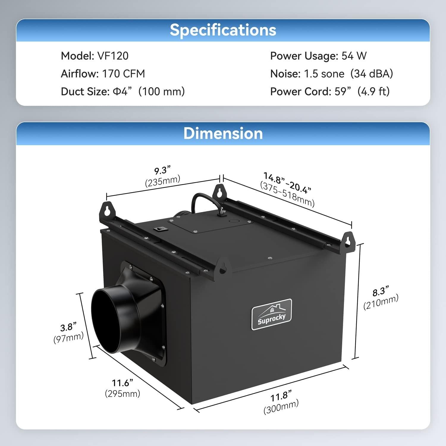 Ventilador de extracción SUPROCKY 170 CFM silencioso negro
