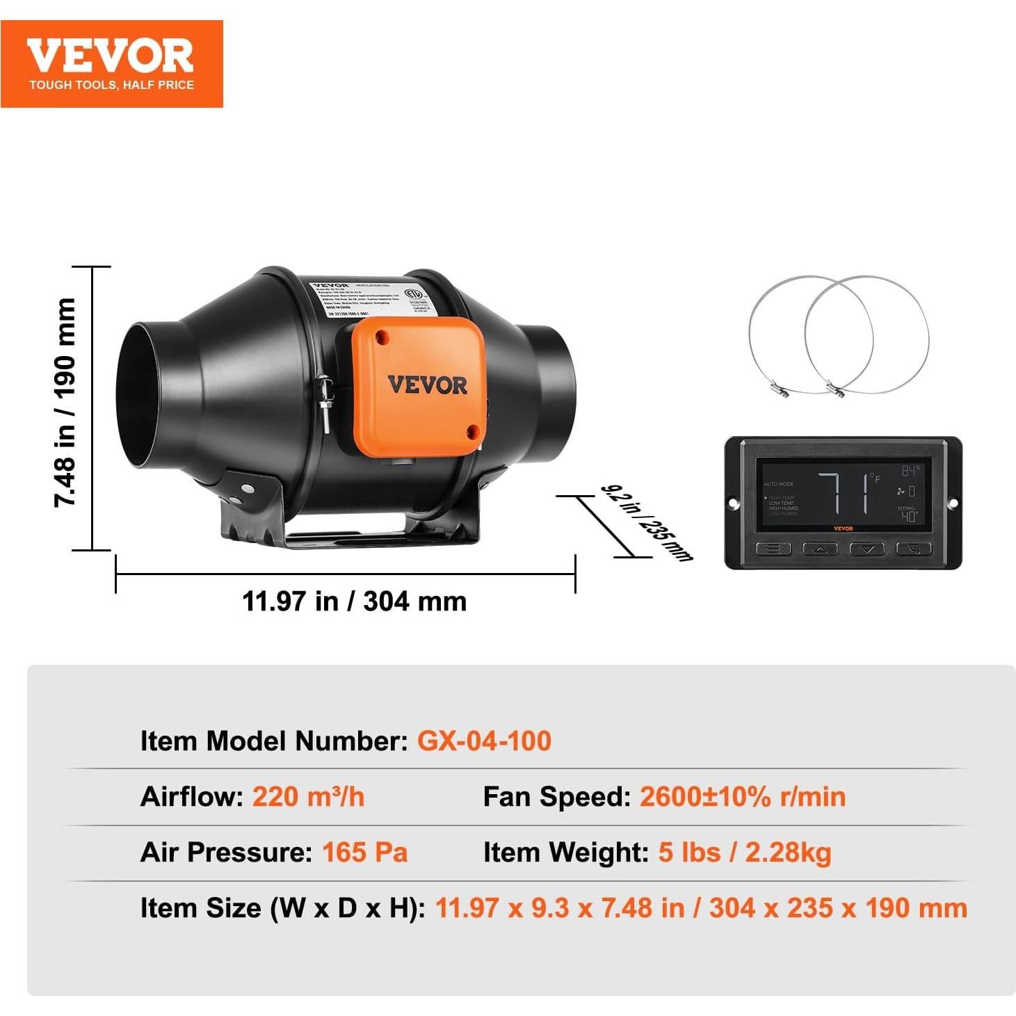 Ventilador de Conducto VEVOR 4" 205 CFM Silencioso con Controlador