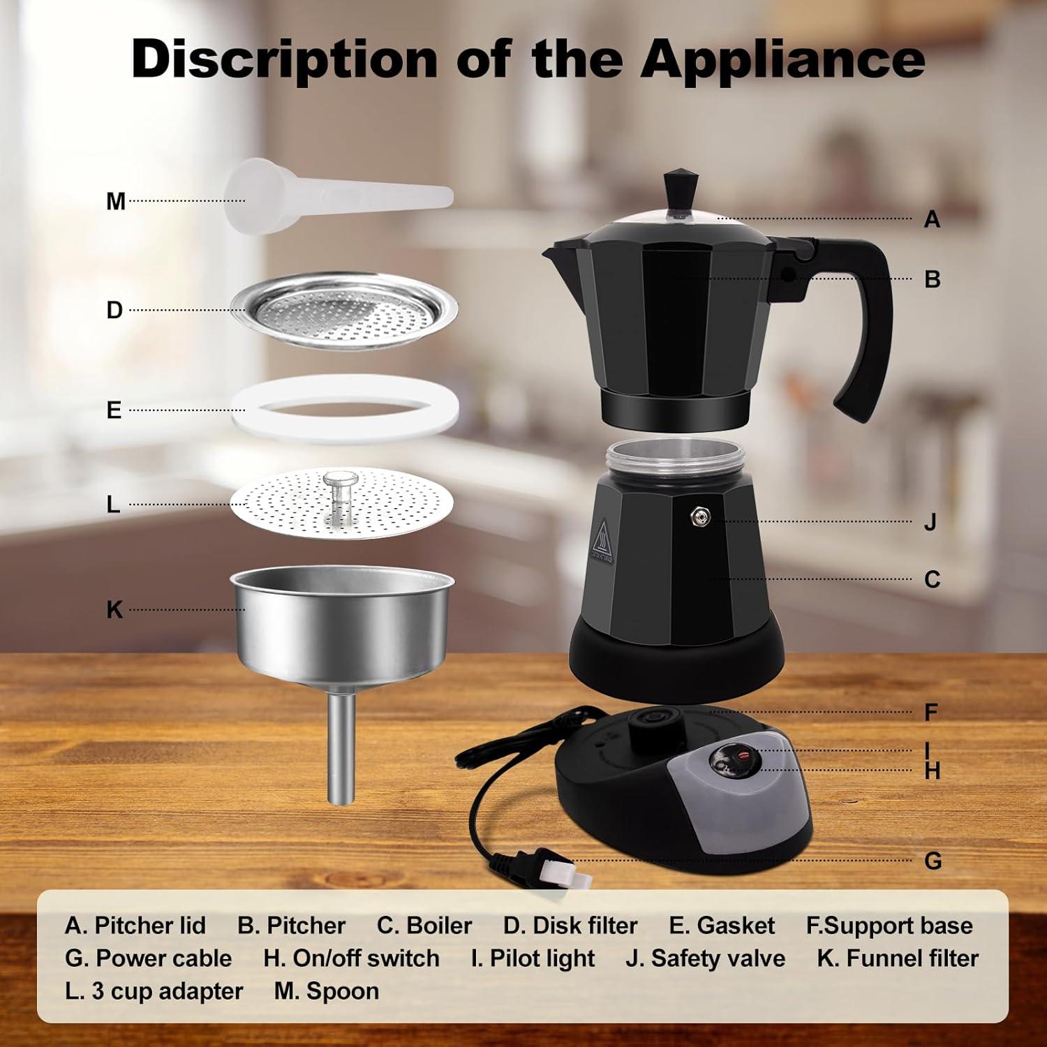 Cafetera Moka Eléctrica Vaolvpant 5-6 Tazas 270ml Negra