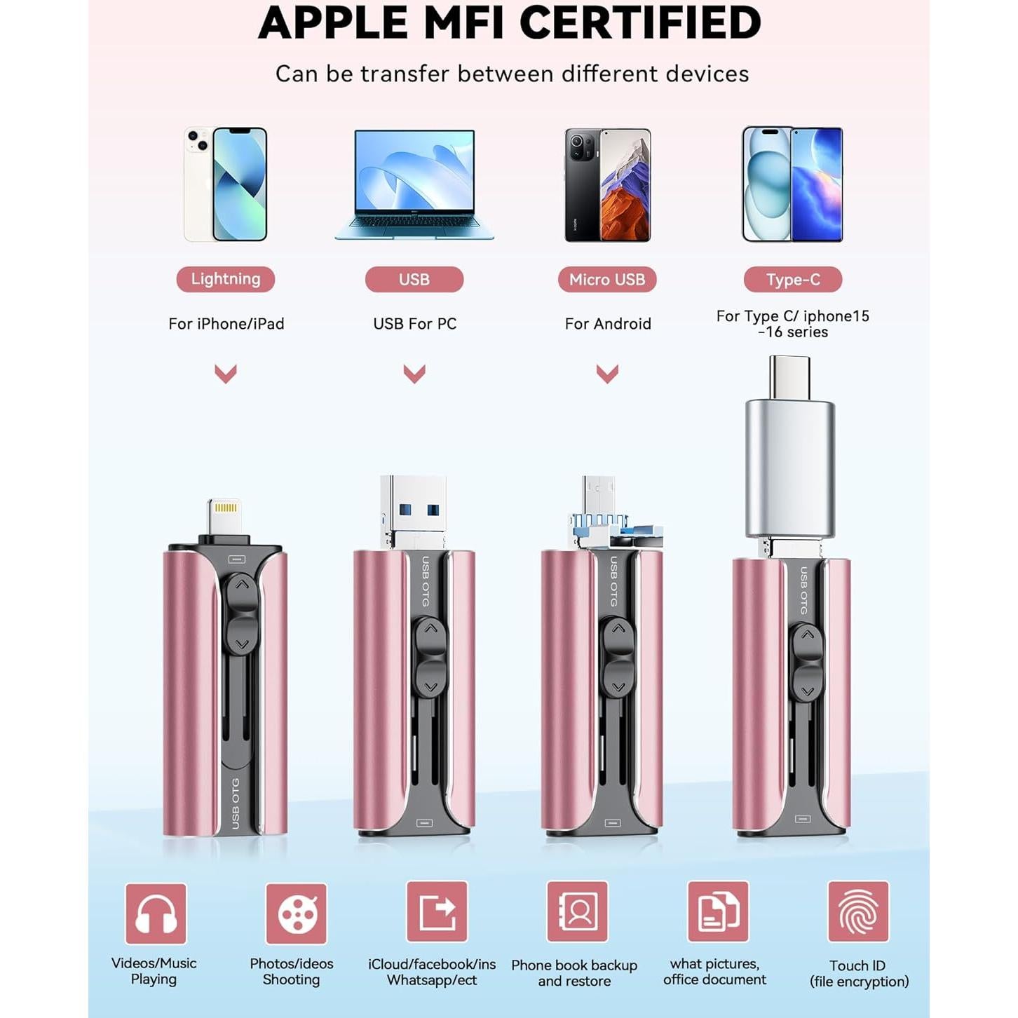 Unidad Flash USB 256GB ROSPE MFi para iPhone y Android