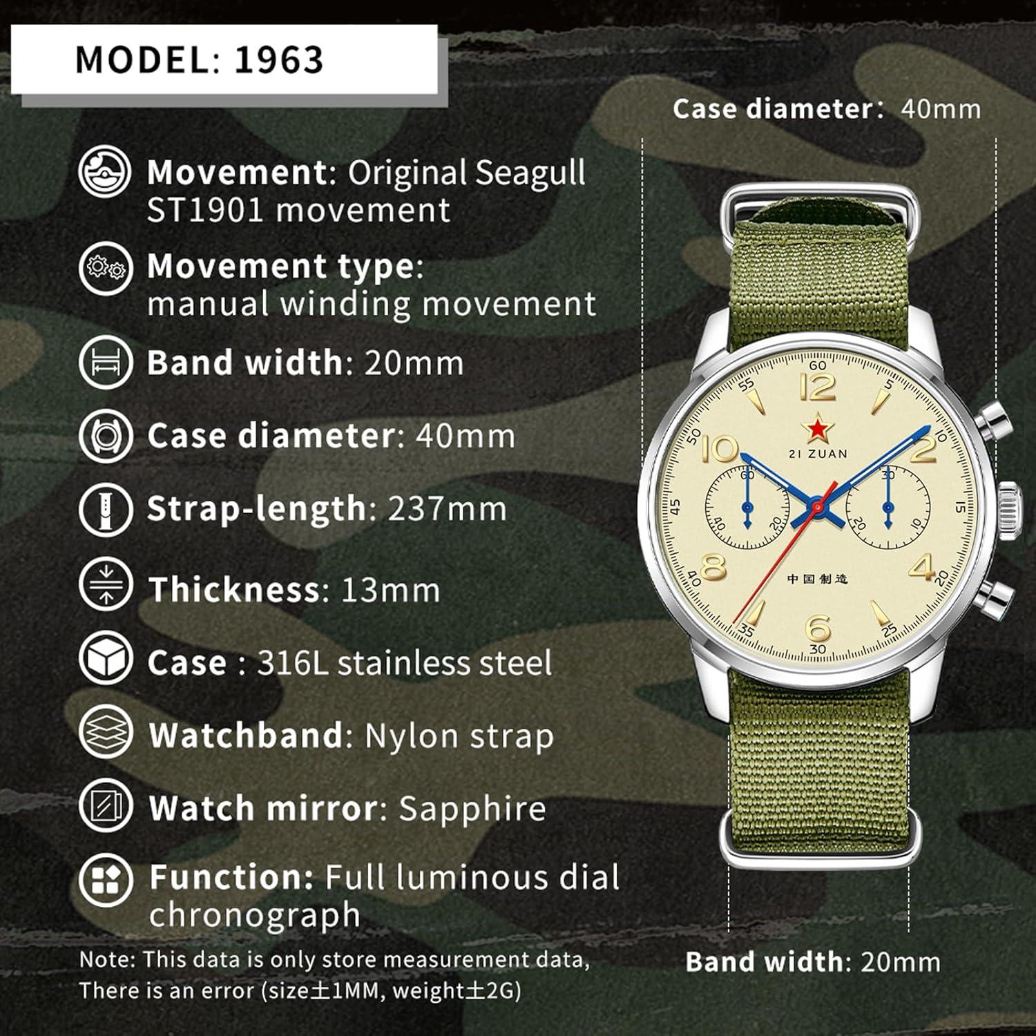 Reloj mecánico cronógrafo TOPHILL 1963 40mm piloto hombre