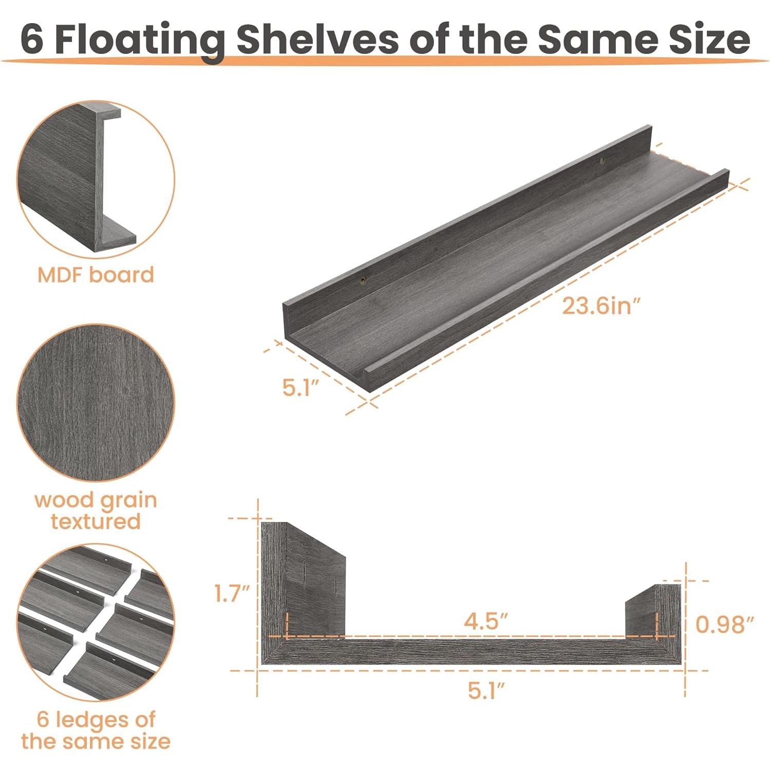 Estantes Flotantes de Madera Upsimples, 6 Piezas 60 cm Gris