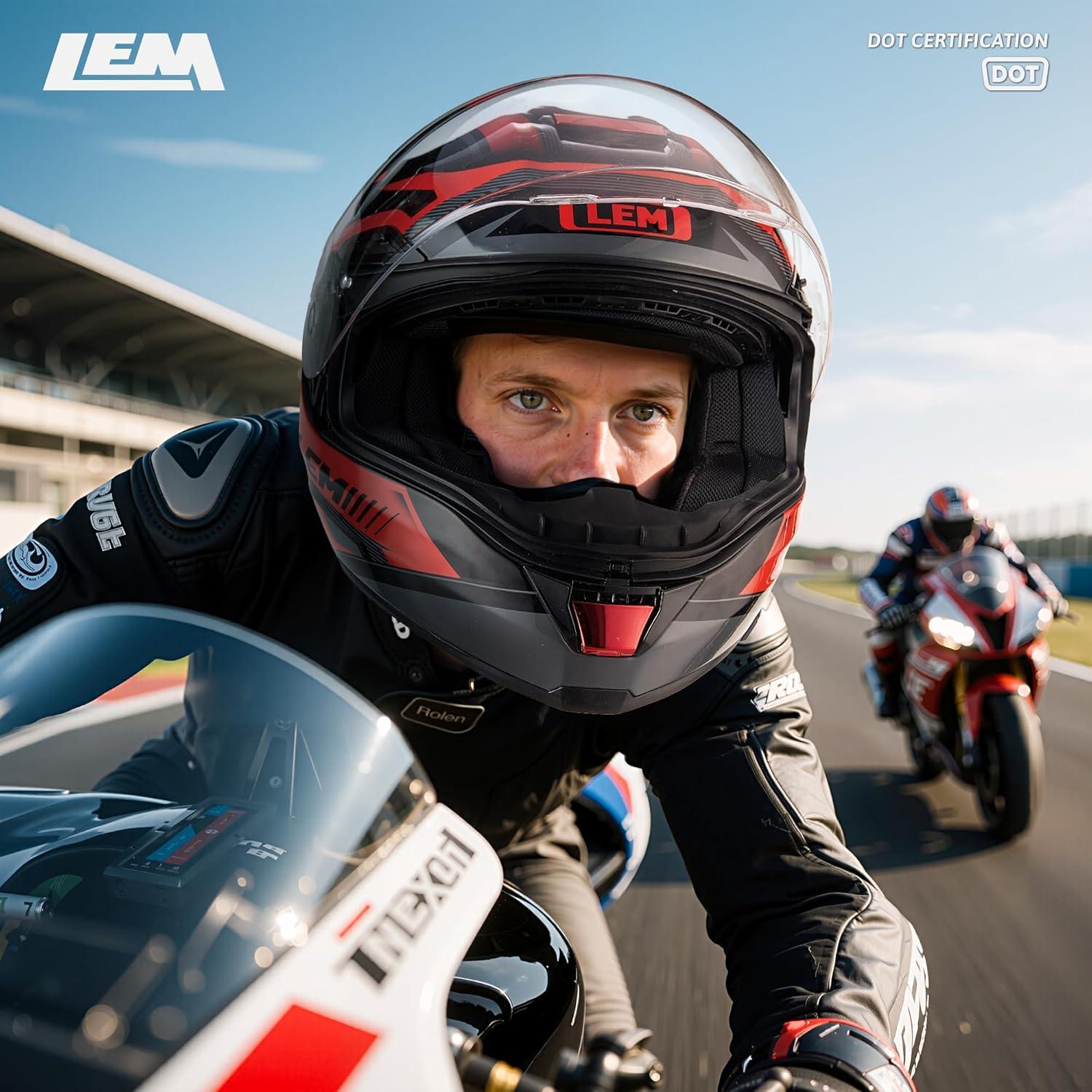 Casco de Motocicleta LEM Rojo/Negro Talla L Fibra de Vidrio