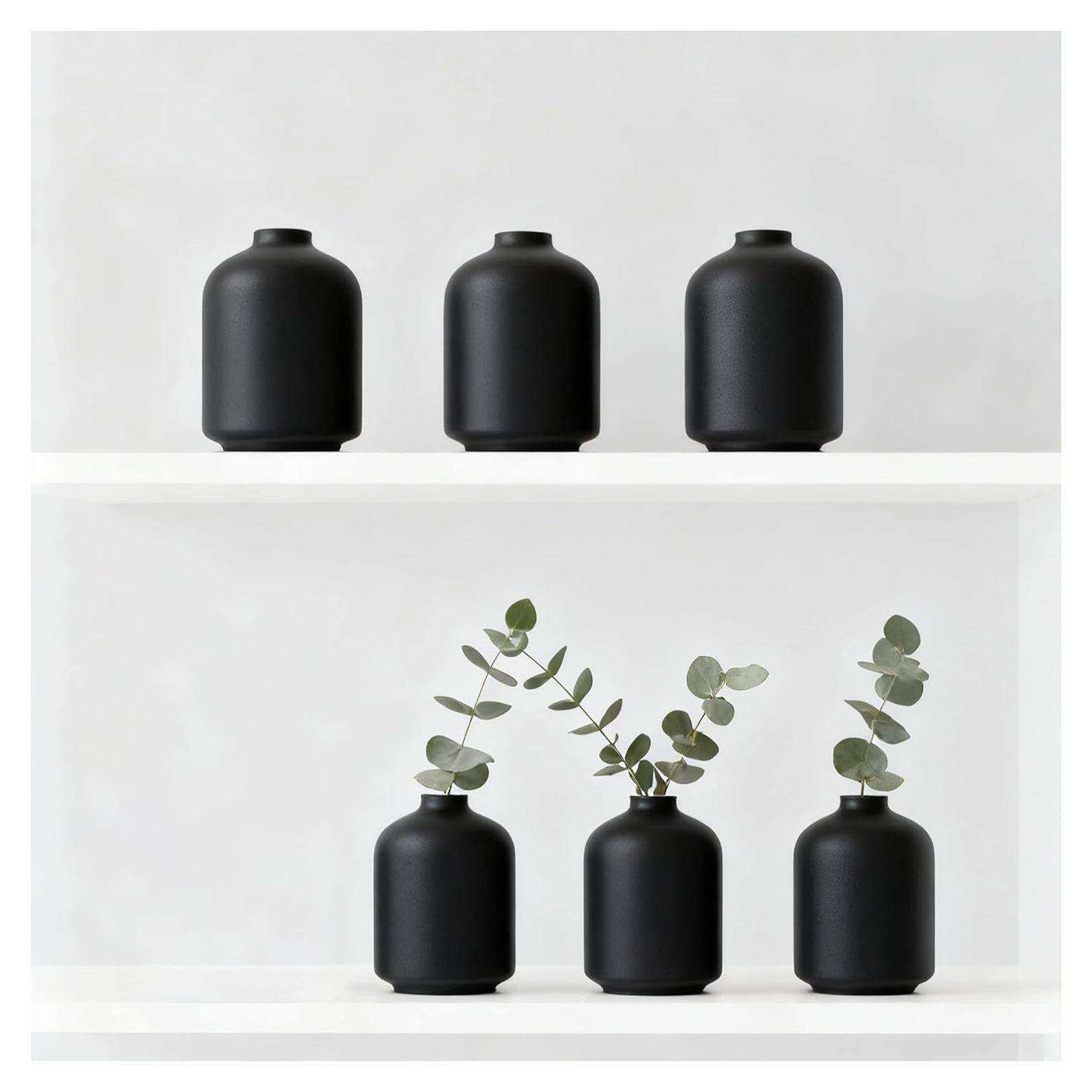 Conjunto de 6 Jarrones de Cerámica Negra Mate 9.8 cm UANYEMON