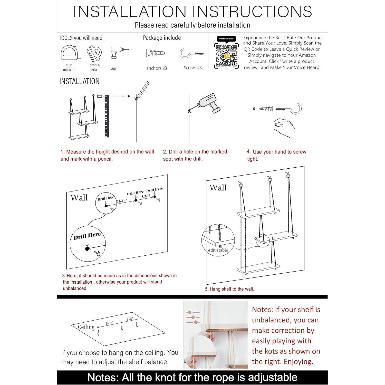 Estantes Colgantes de Cuerda NWOOD 3 Niveles para Decoración