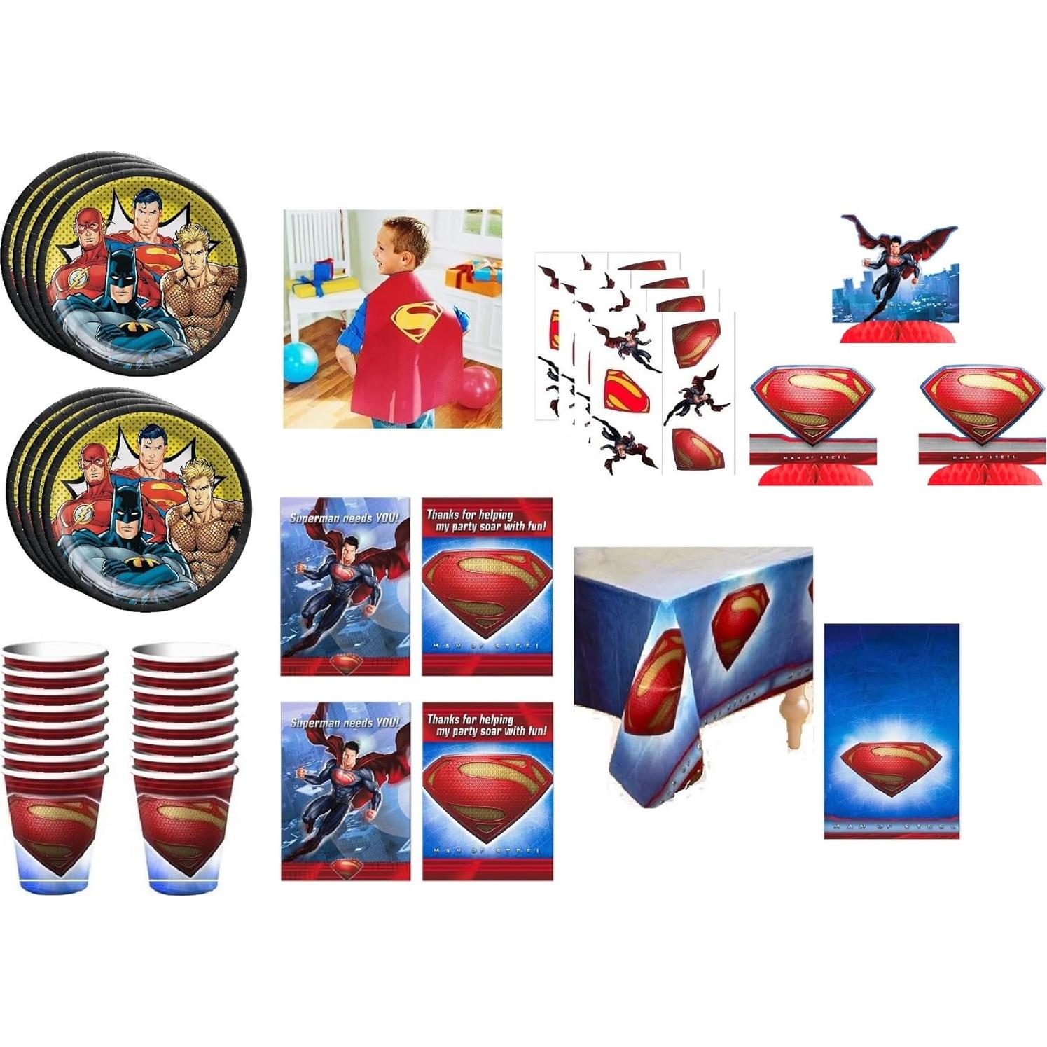 Suministros de Fiesta Superman - Paquete 16 Platos, Vasos y Más