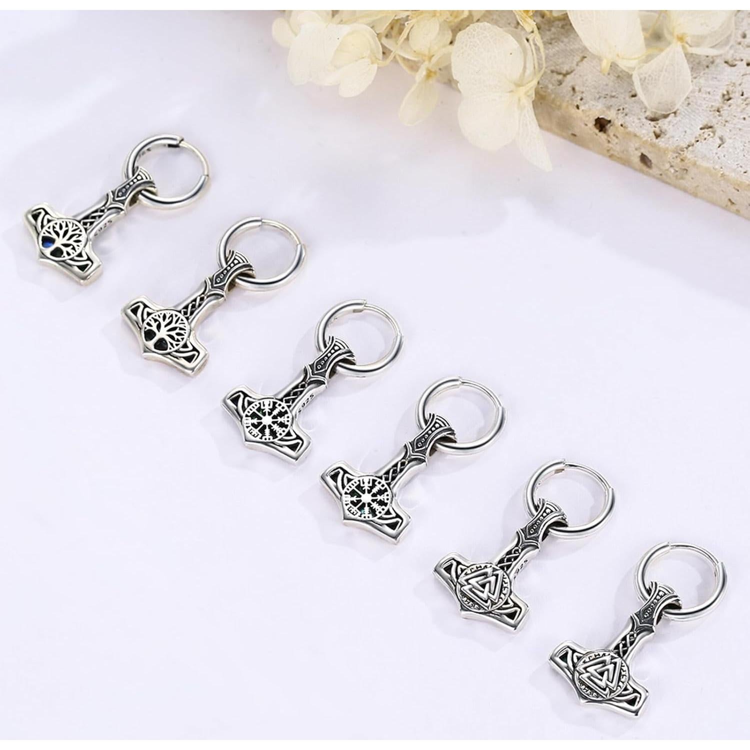 Pendientes Vikingos de Plata 925 Mjolnir Vegvisir 12x12mm