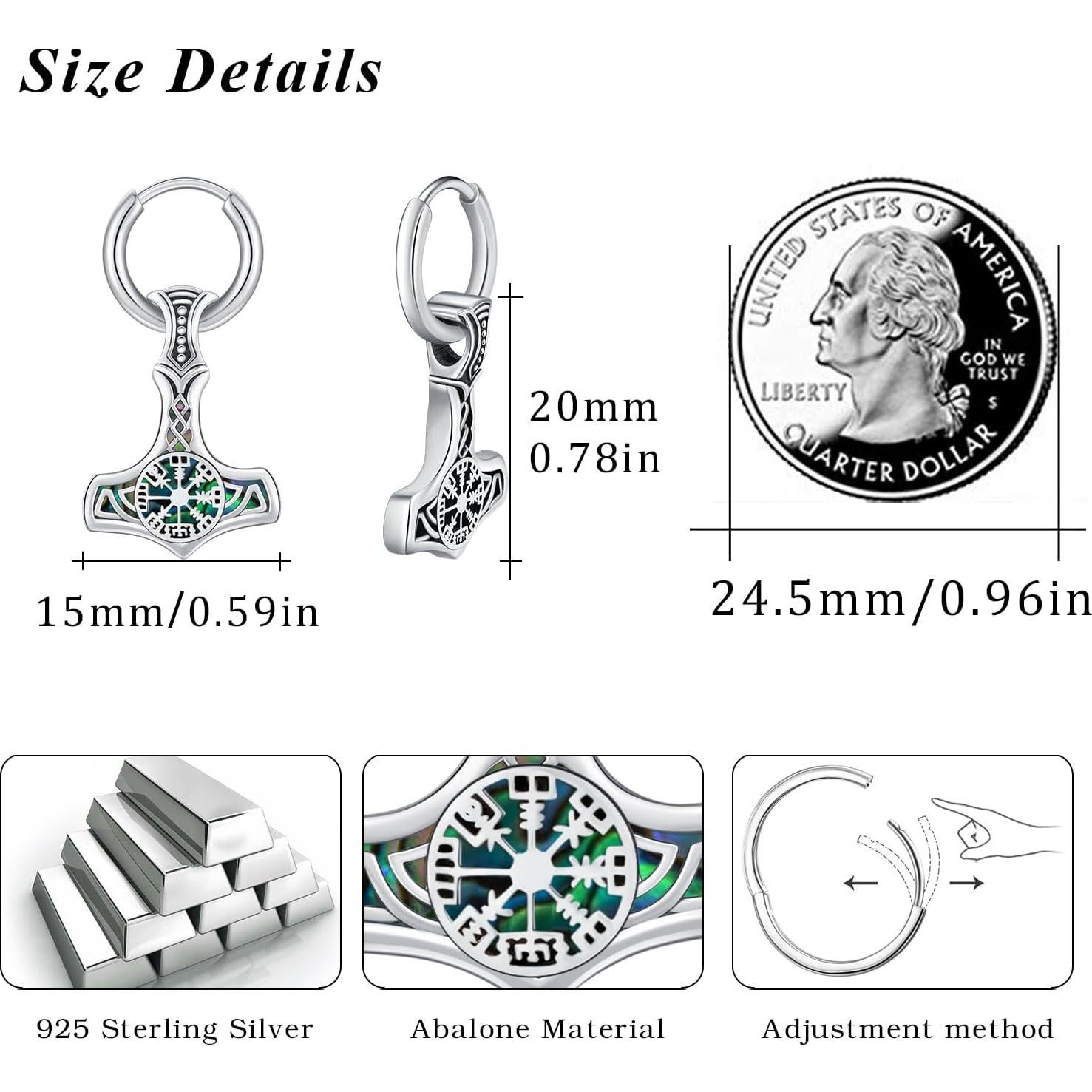 Pendientes Vikingos de Plata 925 Mjolnir Vegvisir 12x12mm