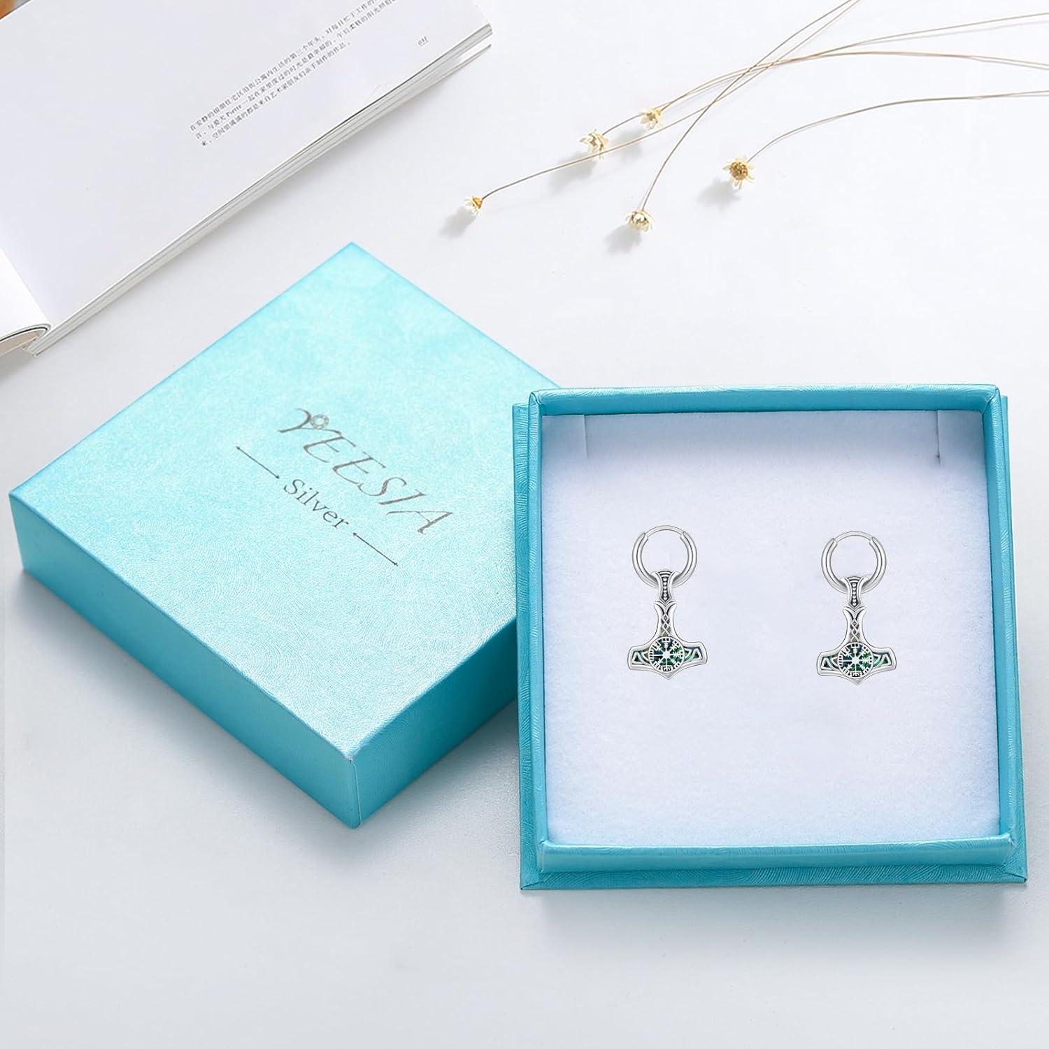 Pendientes Vikingos de Plata 925 Mjolnir Vegvisir 12x12mm