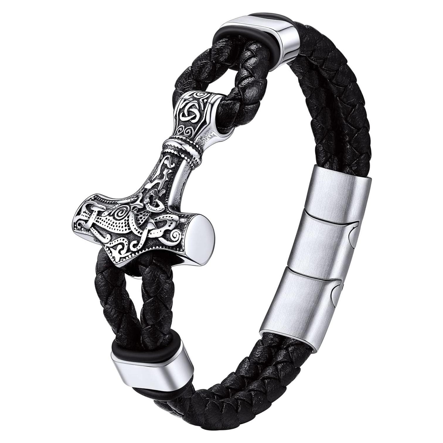 Pulsera Vikinga de Cuero Genuino Bestyle con Martillo de Thor 21cm