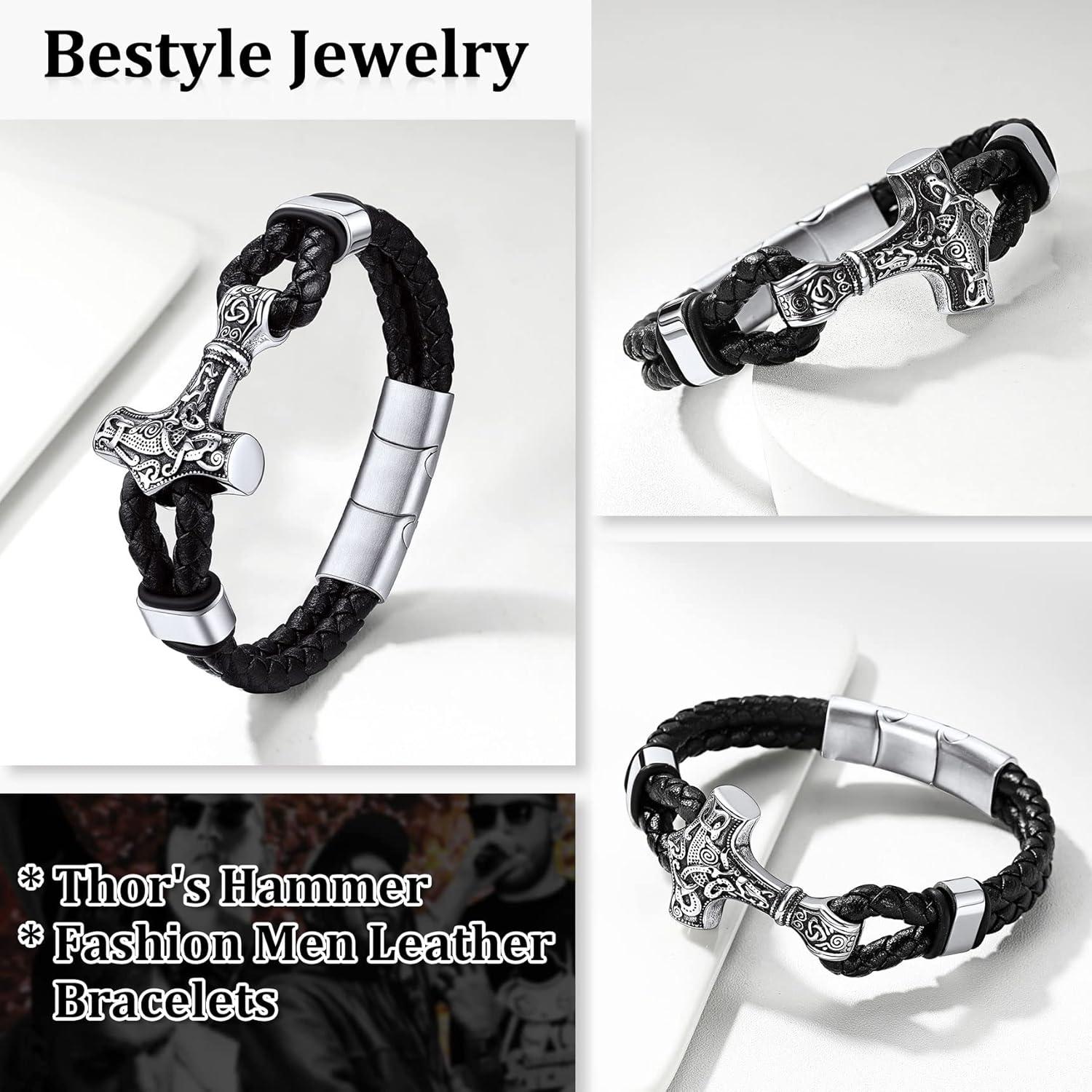 Pulsera Vikinga de Cuero Genuino Bestyle con Martillo de Thor 21cm