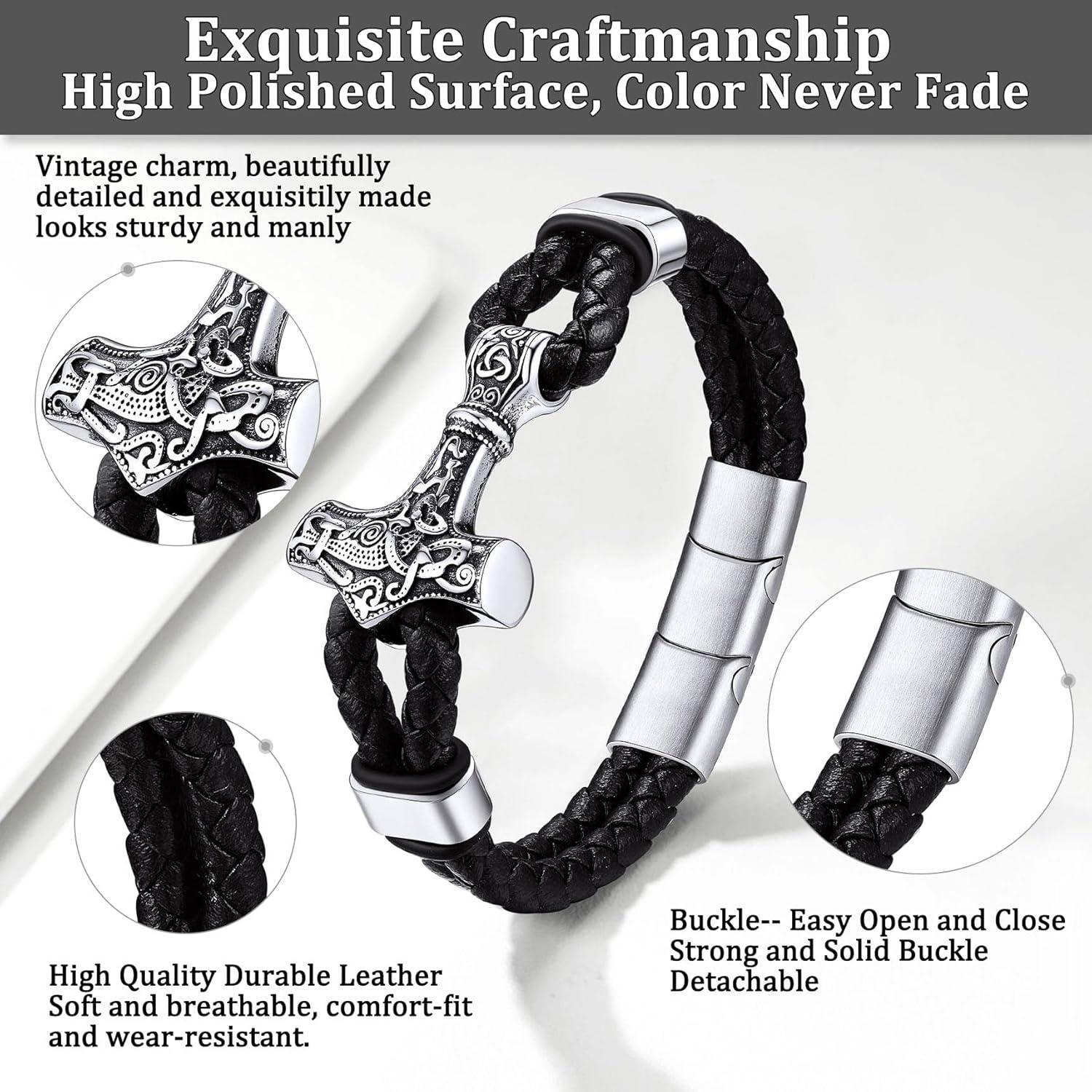 Pulsera Vikinga de Cuero Genuino Bestyle con Martillo de Thor 21cm