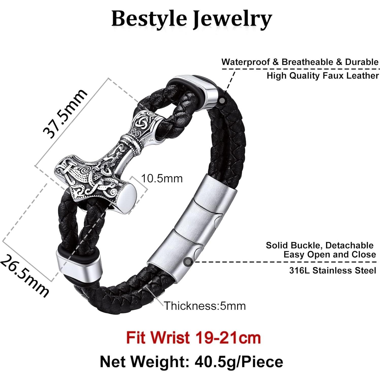 Pulsera Vikinga de Cuero Genuino Bestyle con Martillo de Thor 21cm