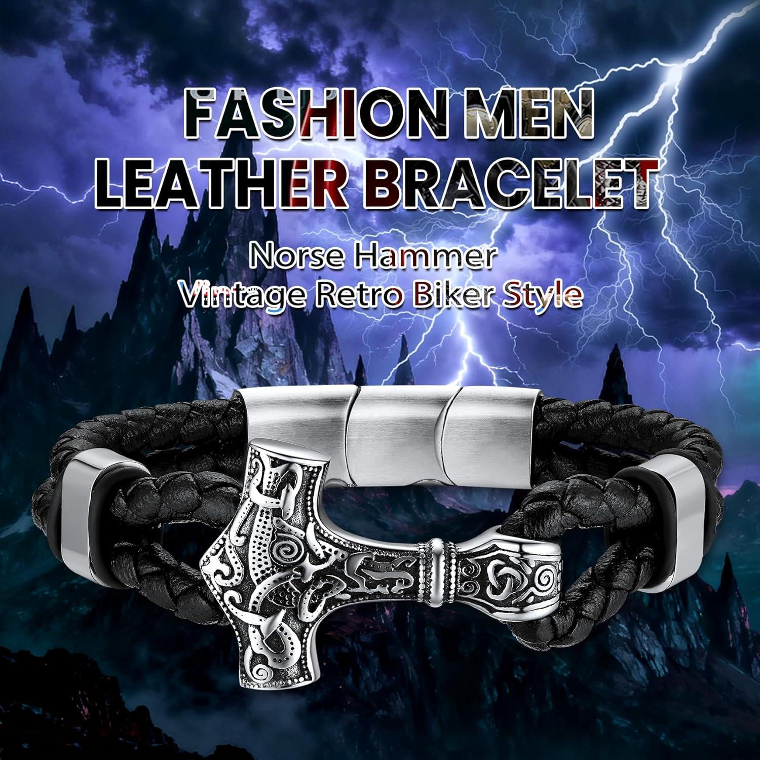 Pulsera Vikinga de Cuero Genuino Bestyle con Martillo de Thor 21cm