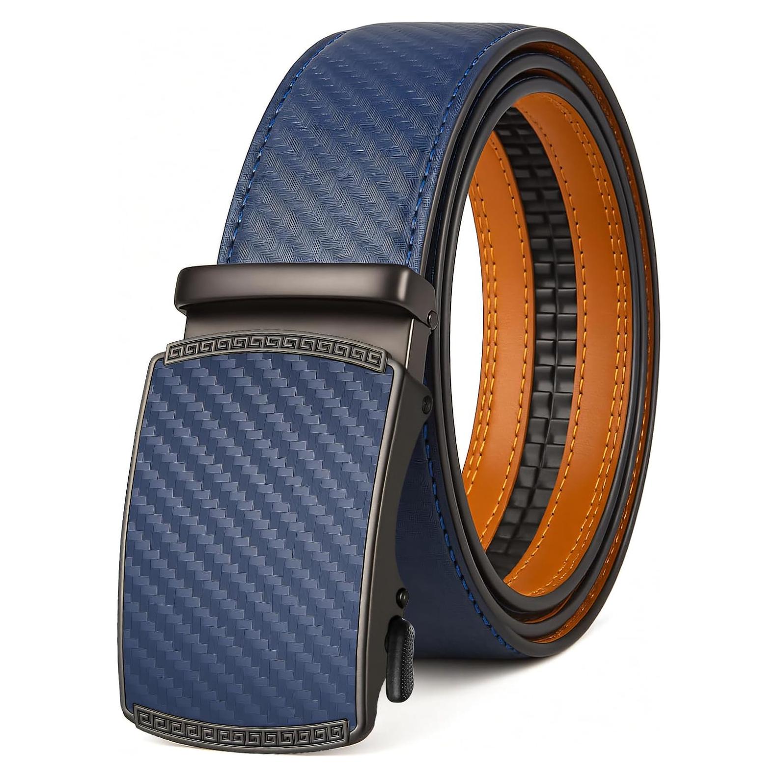 Cinturón Ratchet para Hombre Fiwnieu Cuero Genuino Azul 96.5-111.8cm