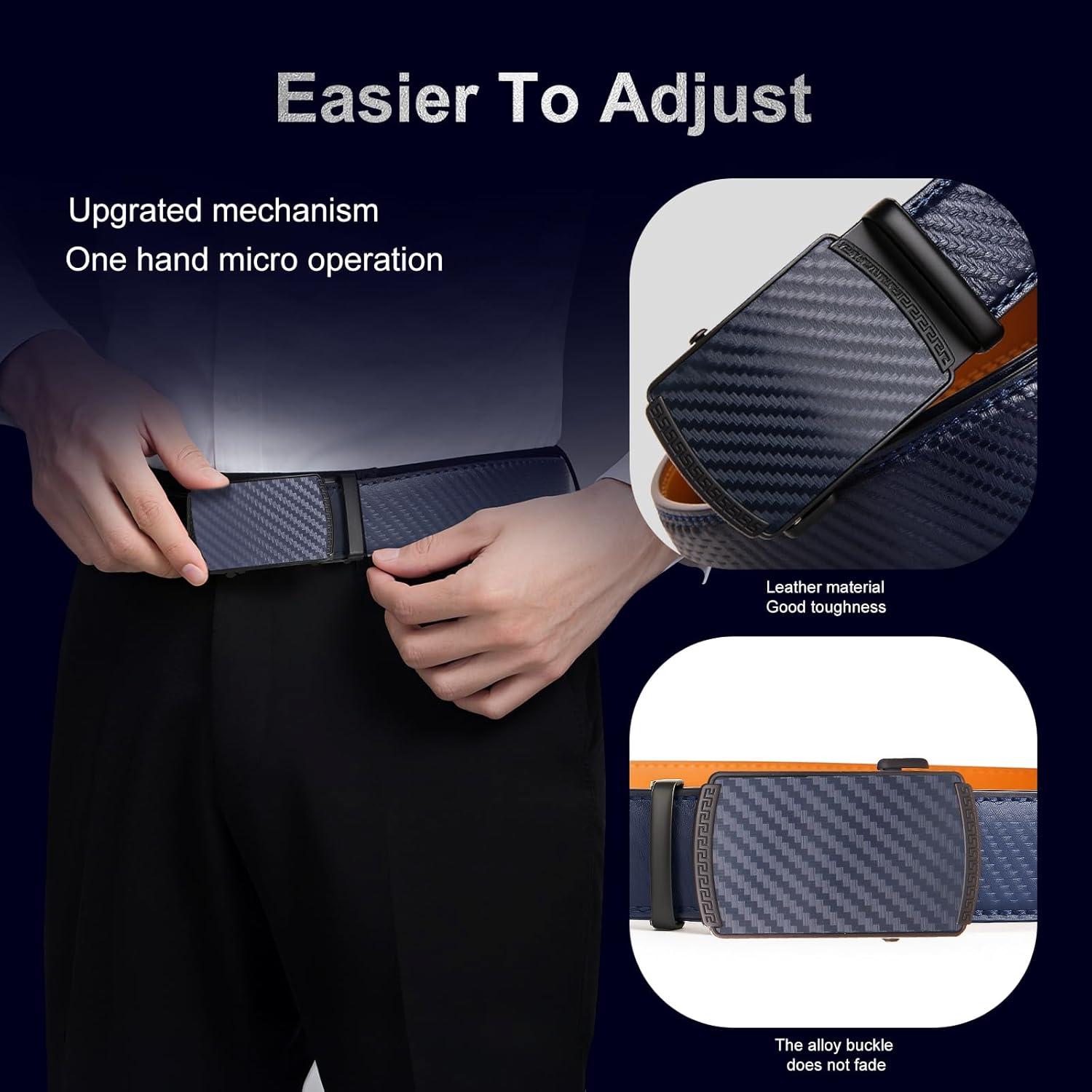 Cinturón Ratchet para Hombre Fiwnieu Cuero Genuino Azul 96.5-111.8cm