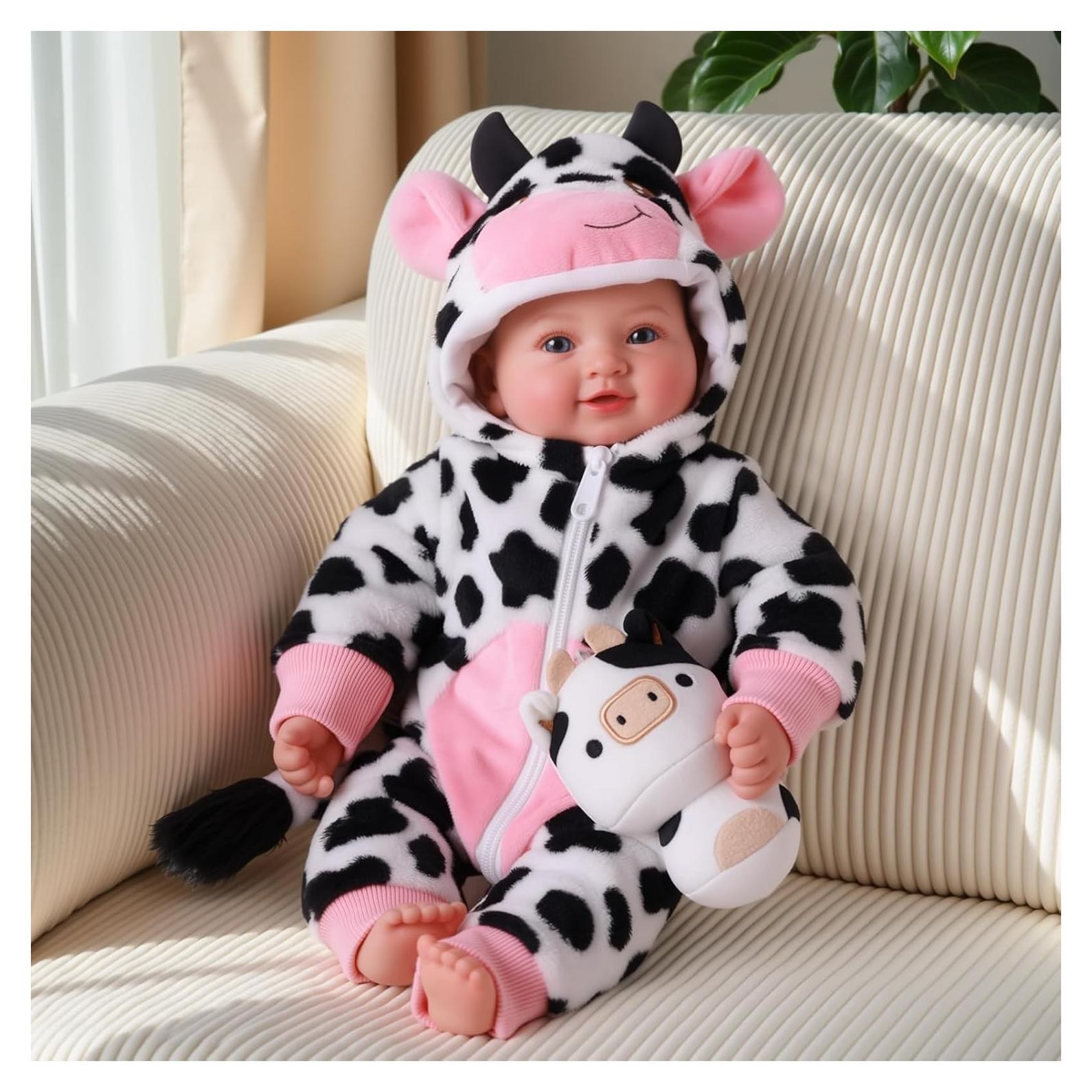 Muñeca de Bebé Realista BABESIDE 43 cm Ojos Azules Atuendo Vaca