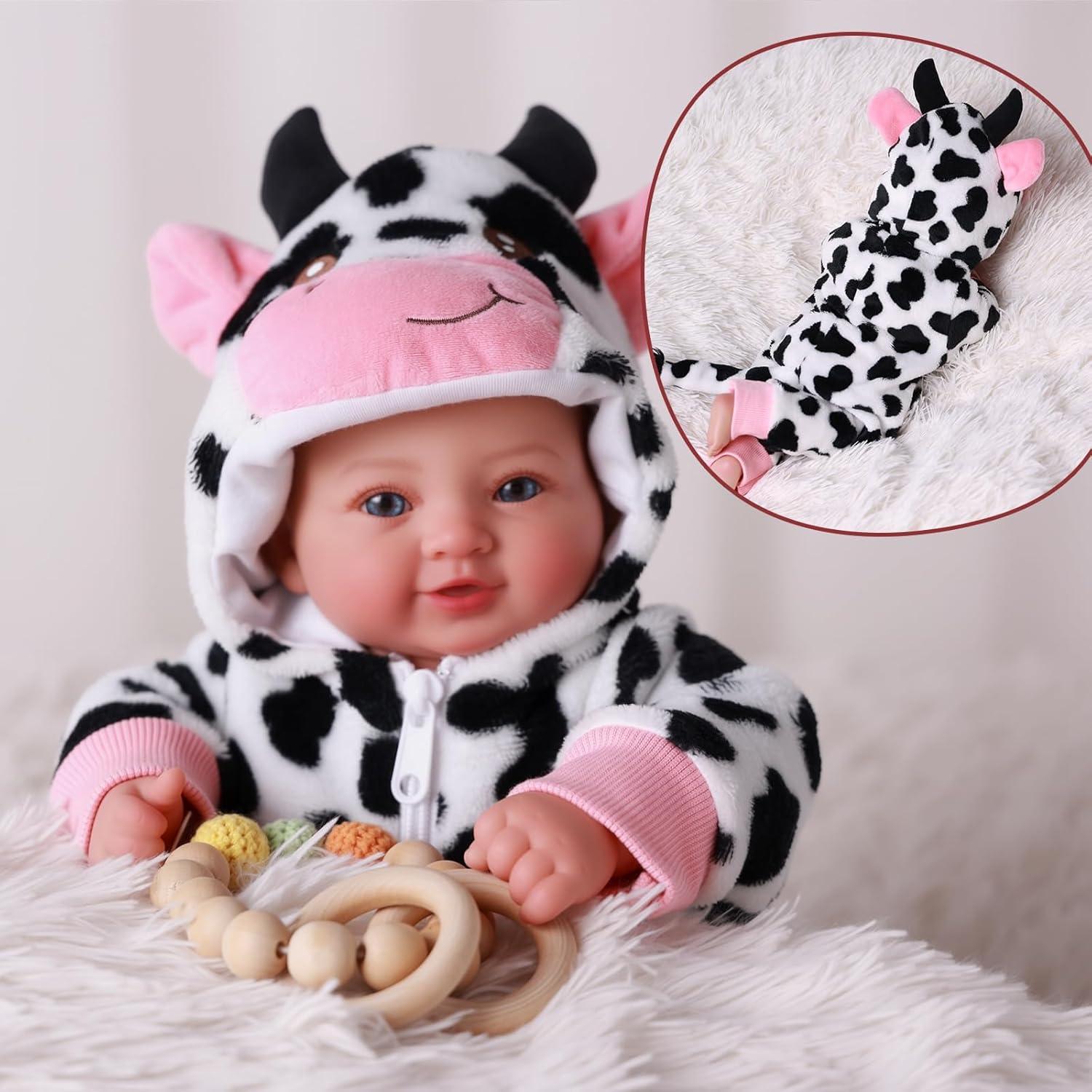 Muñeca de Bebé Realista BABESIDE 43 cm Ojos Azules Atuendo Vaca