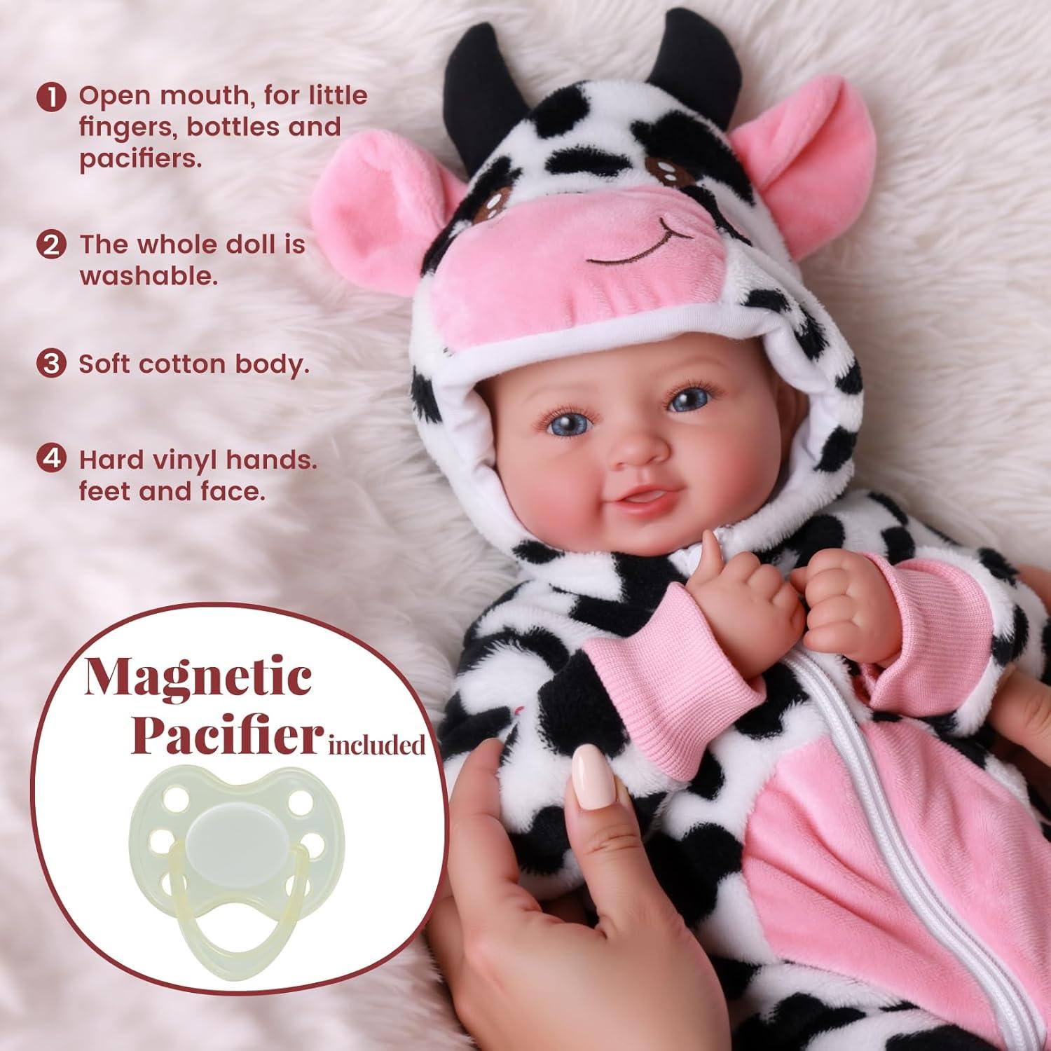 Muñeca de Bebé Realista BABESIDE 43 cm Ojos Azules Atuendo Vaca