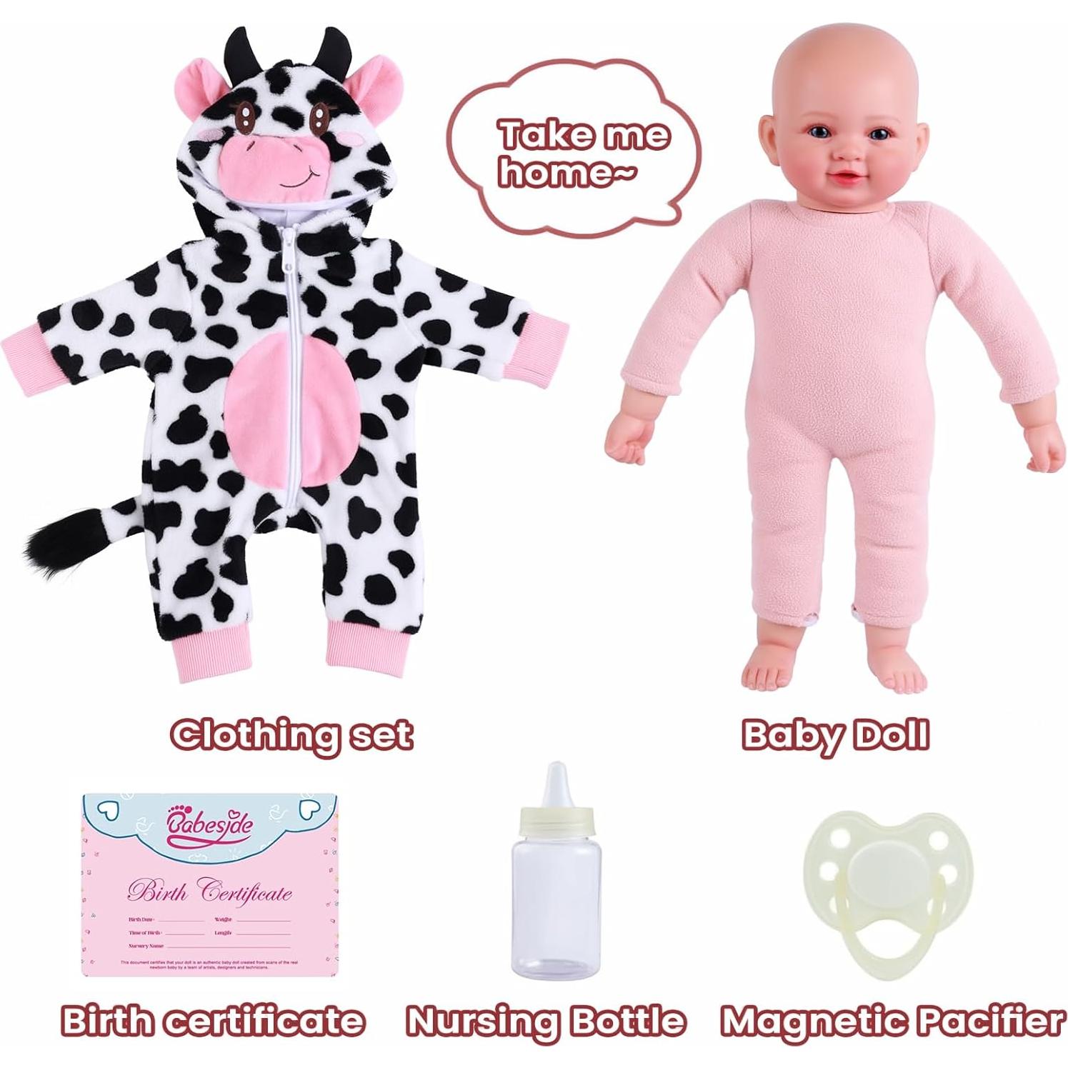 Muñeca de Bebé Realista BABESIDE 43 cm Ojos Azules Atuendo Vaca