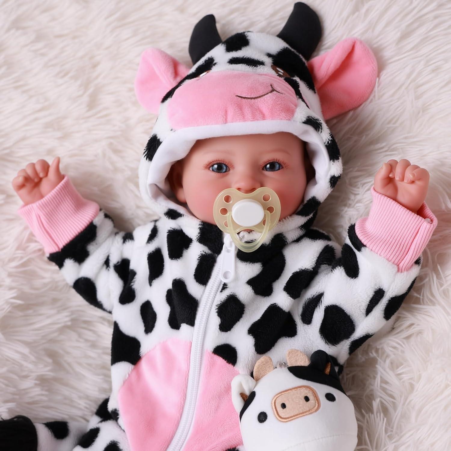 Muñeca de Bebé Realista BABESIDE 43 cm Ojos Azules Atuendo Vaca