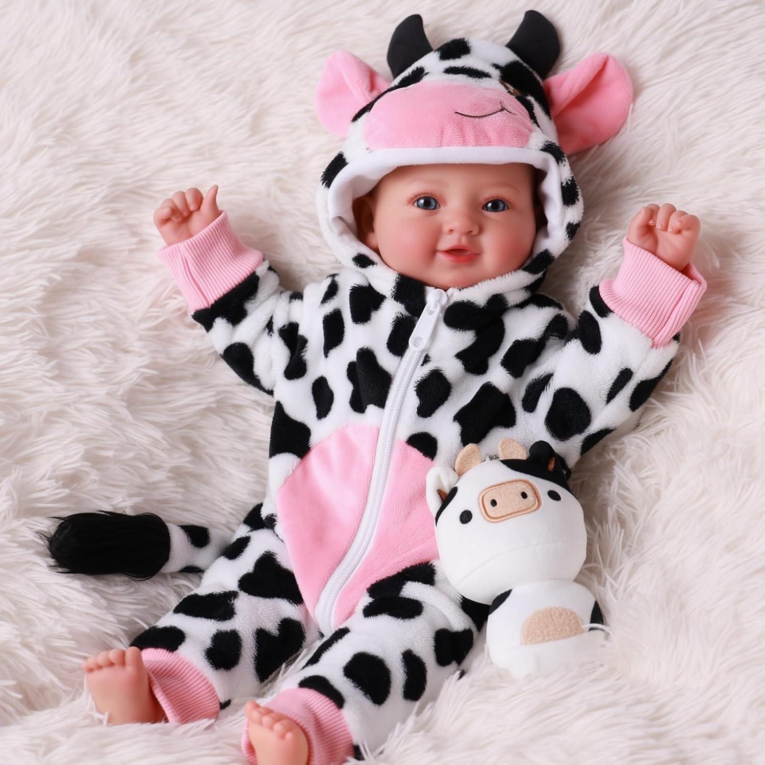 Muñeca de Bebé Realista BABESIDE 43 cm Ojos Azules Atuendo Vaca