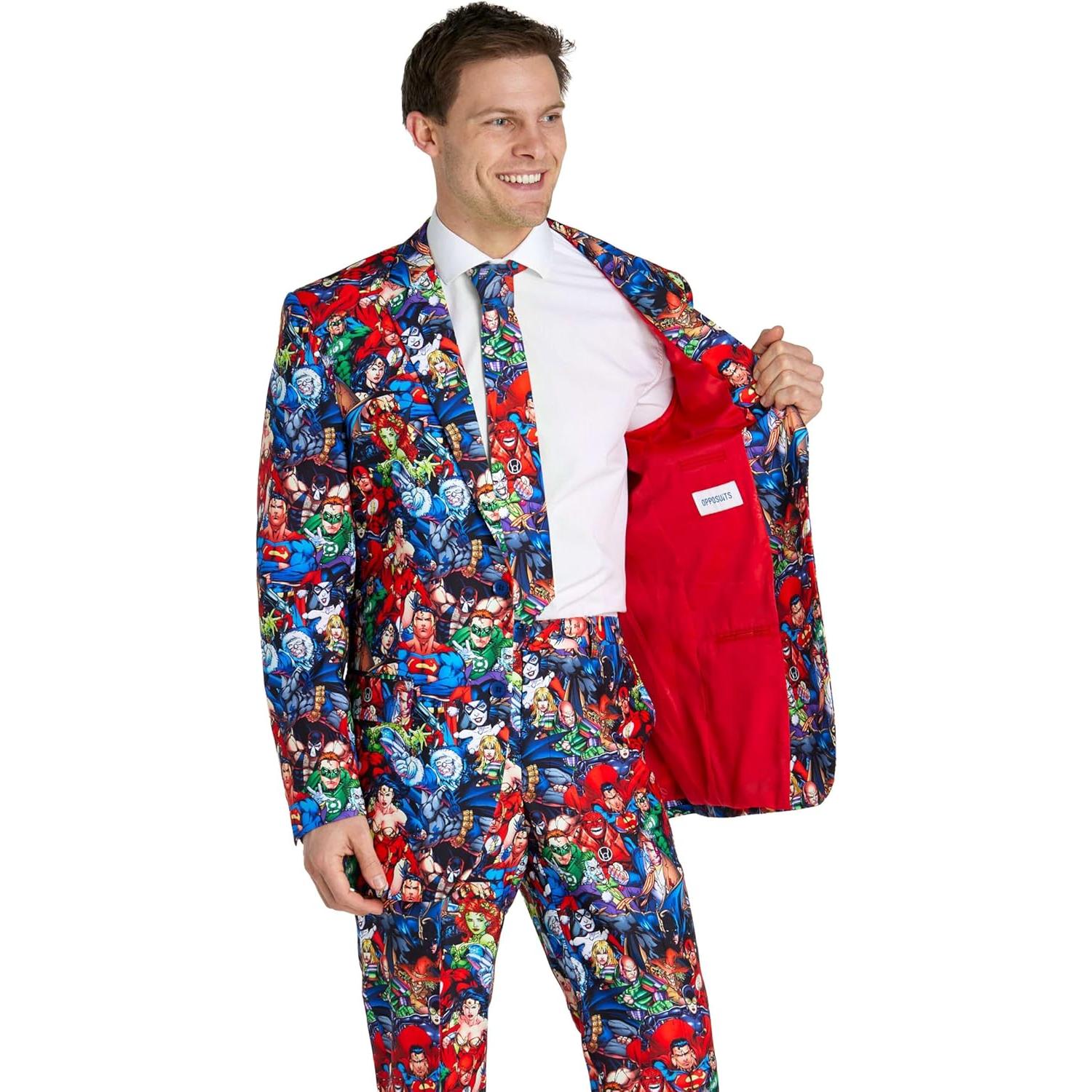 Traje de Héroes de DC Comics OppoSuits para Hombre - Batman, Superman, Mujer Maravilla - Incluye Blazer, Pantalones y Corbata
