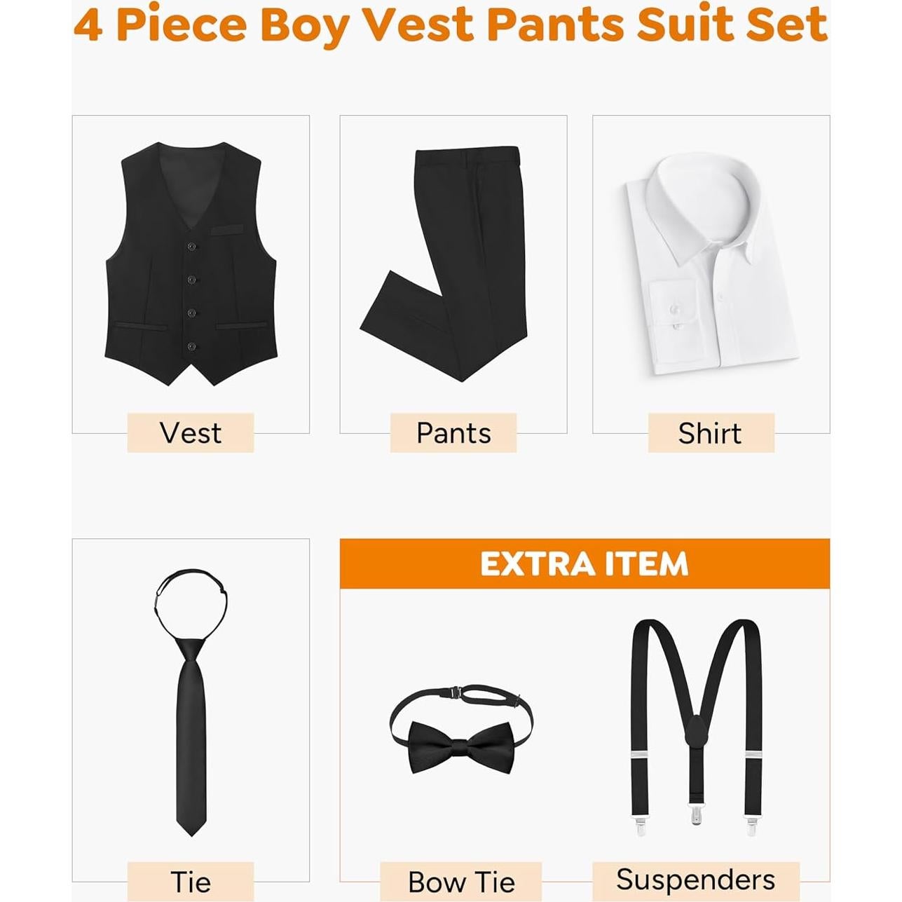 Conjunto de Traje Formal para Niños ELPA - Chaleco Negro, Talla 10