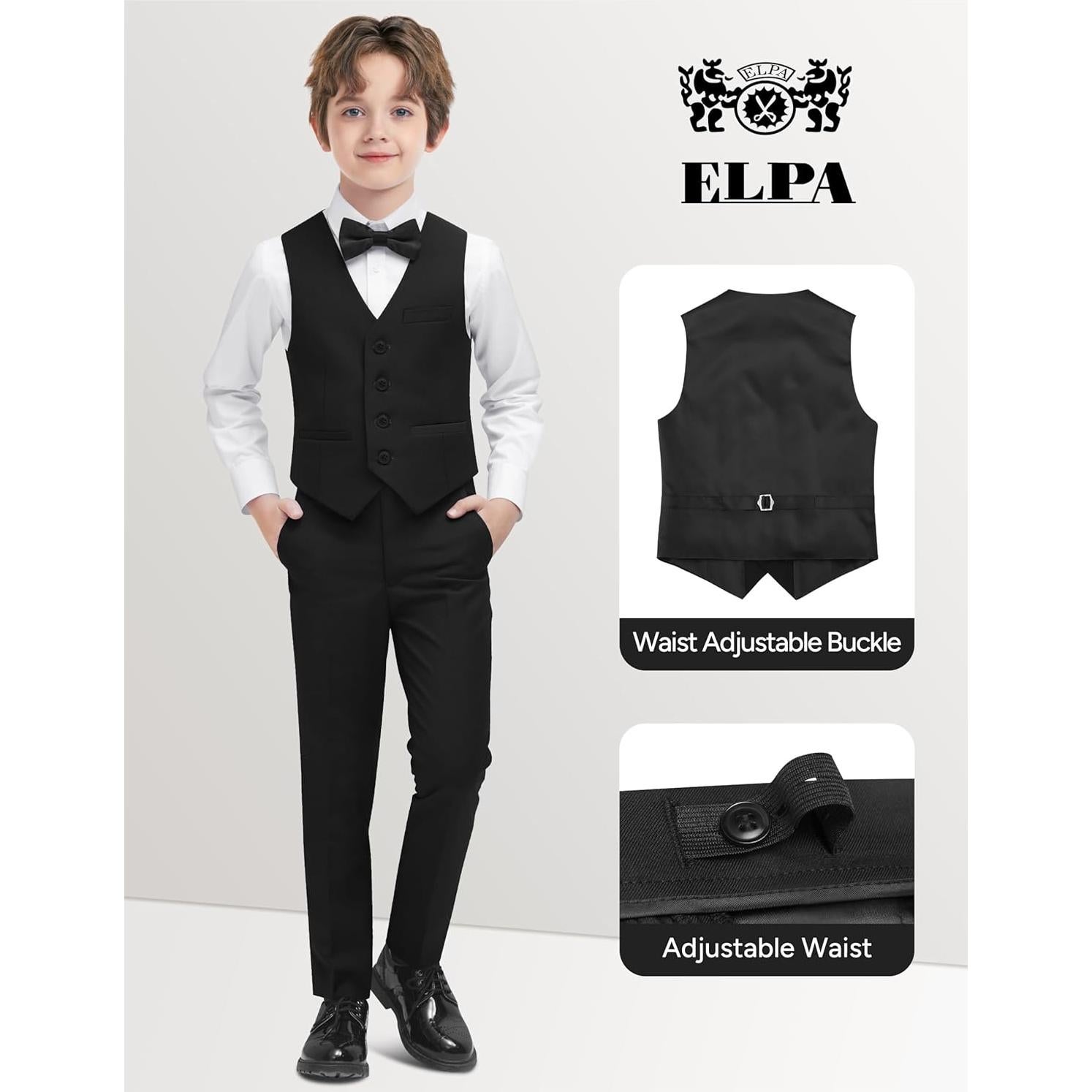 Conjunto de Traje Formal para Niños ELPA - Chaleco Negro, Talla 10