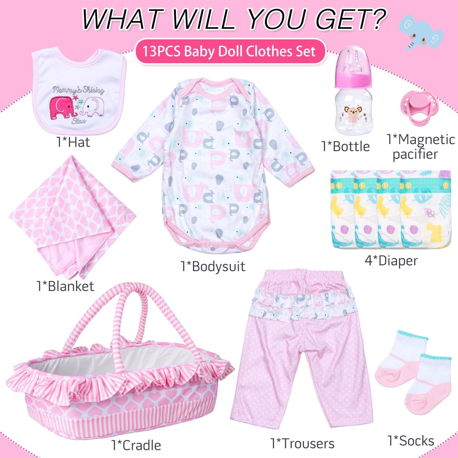Conjunto 12 Pcs Ropa Muñeca Reborn Pedolltree Elefante Rosa