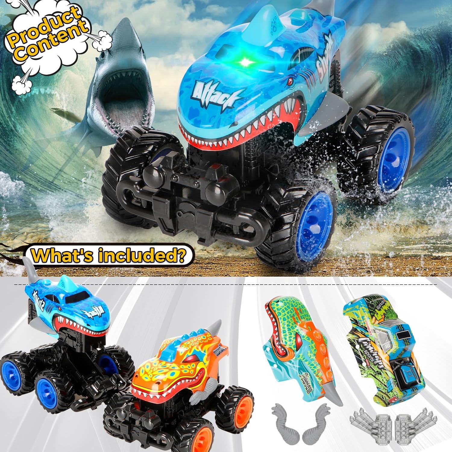 Conjunto de 2 Camiones Monstruo KKmon con Dinosaurios y Tiburón