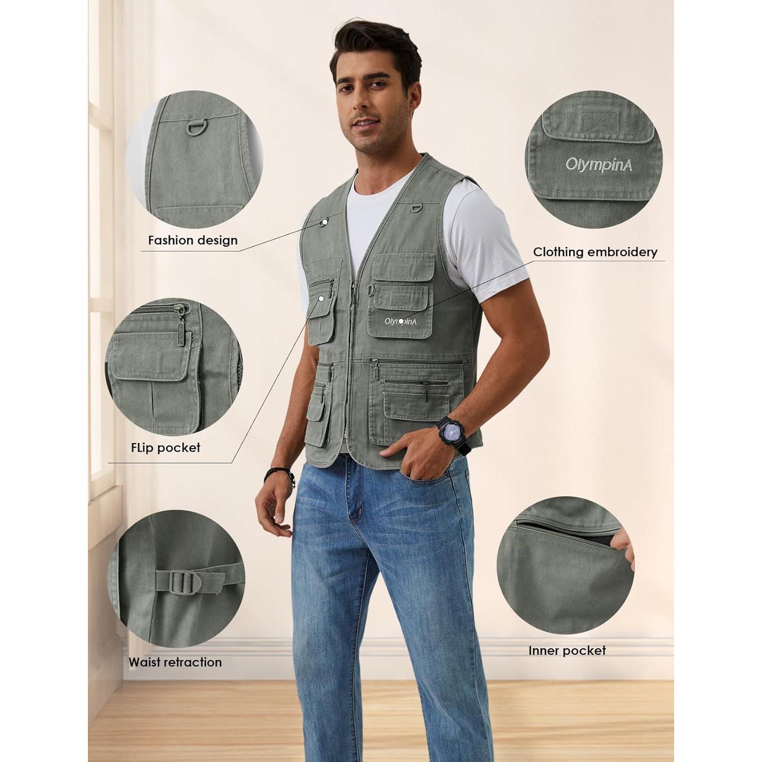 Chaleco de Pesca Gihuo para Hombre con 16 Bolsillos Verde Militar