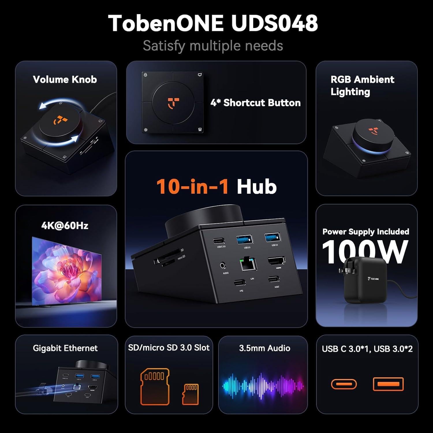 Dock USB-C 10 en 1 TobenONE con HDMI 4K, 100W PD, 5 Botones