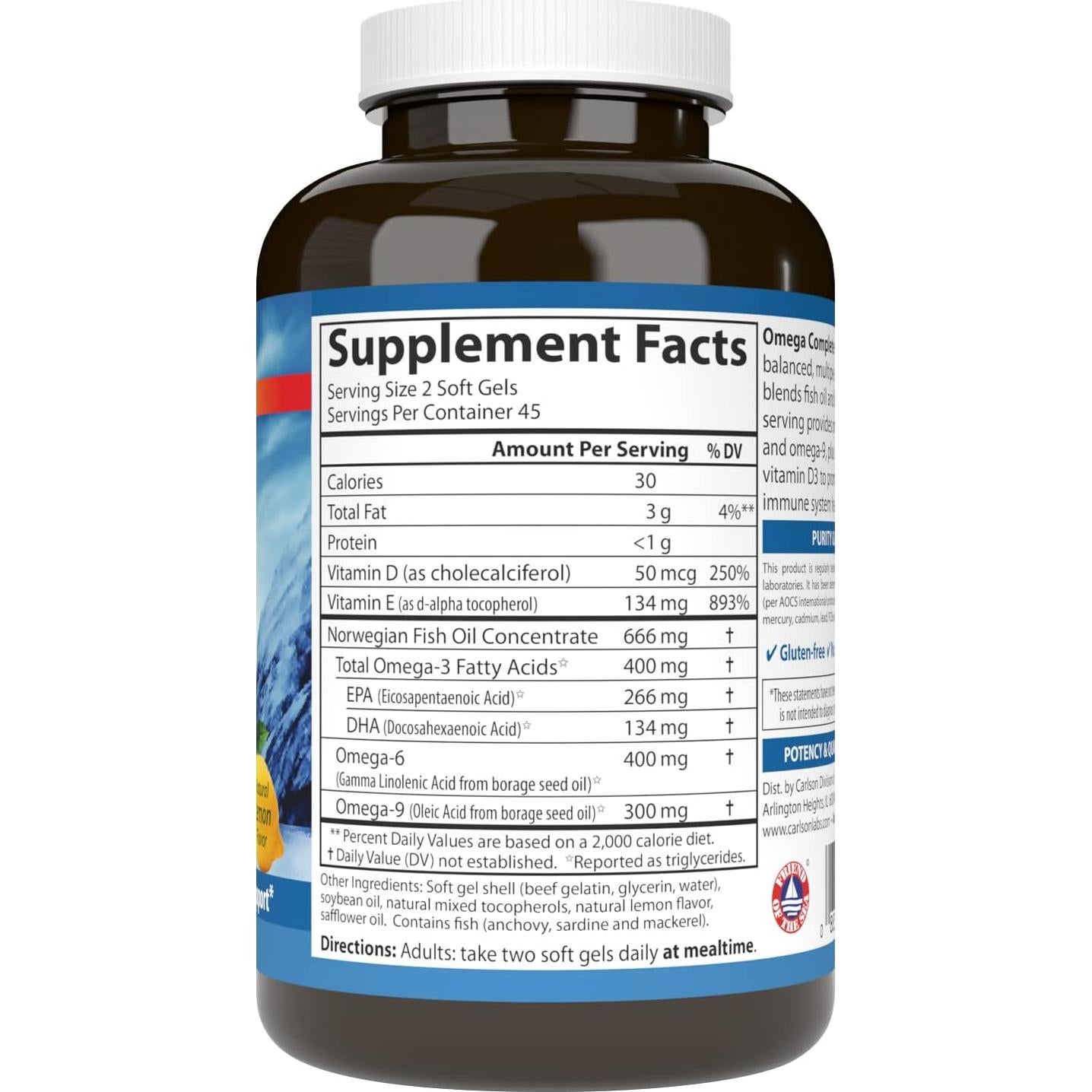 Suplemento Omega-3-6-9 Carlson, 90 Gelatinas blandas, Salud del corazón