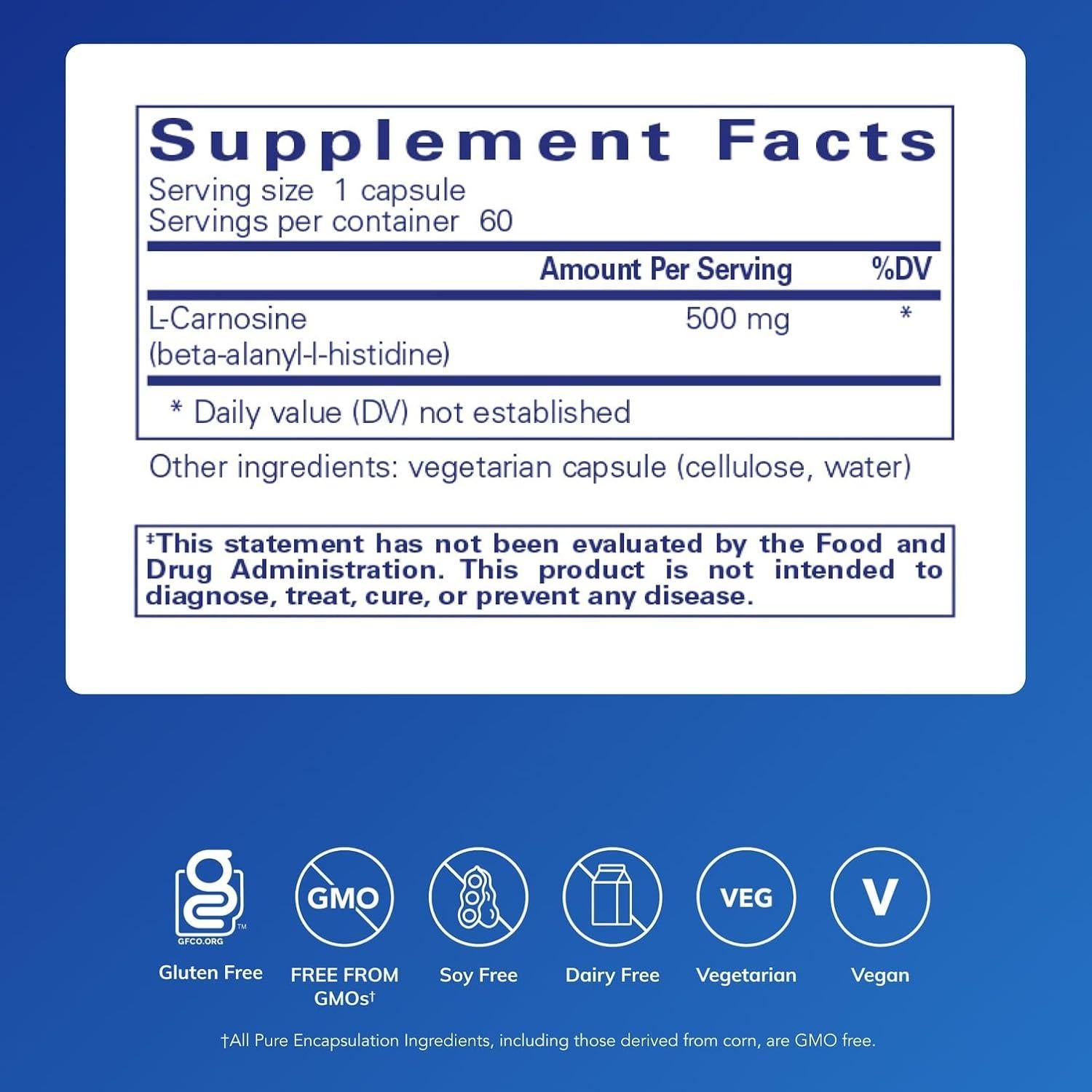 Suplemento L-Carnosina Pure Encapsulations 60 Cápsulas