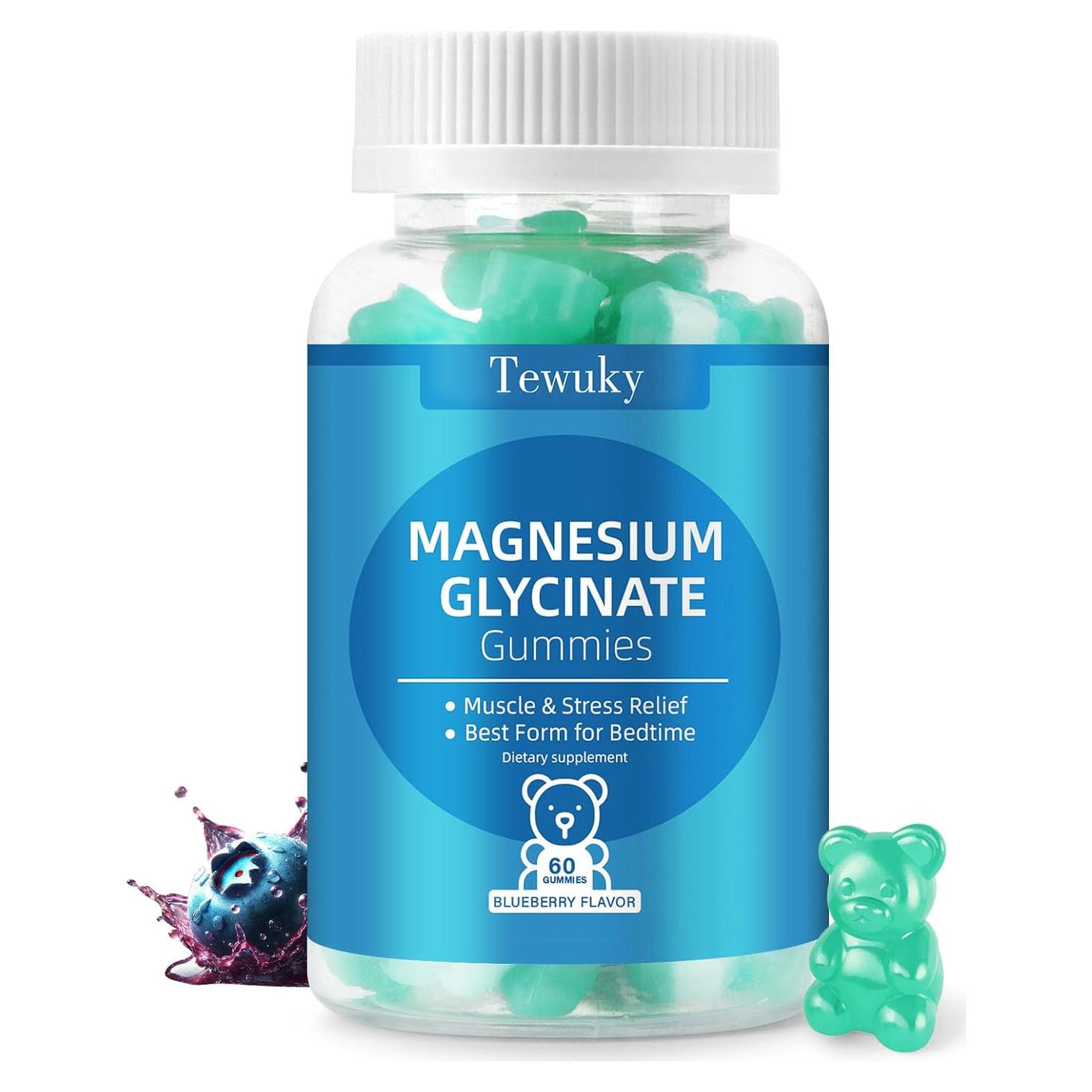 Gomitas de Glicinato de Magnesio 500mg Tewuky, Sin Azúcar, 60 Unidades