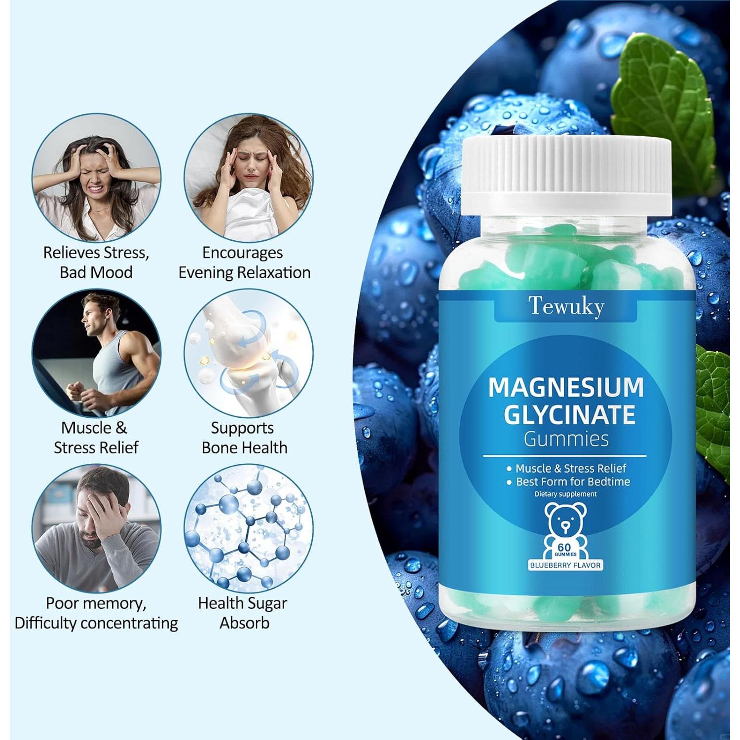 Gomitas de Glicinato de Magnesio 500mg Tewuky, Sin Azúcar, 60 Unidades