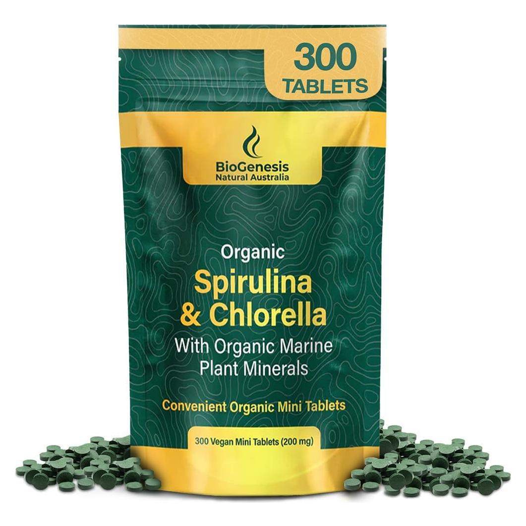 Espirulina y Chlorella Orgánica BioGenesis 300 Tabletas Veganas