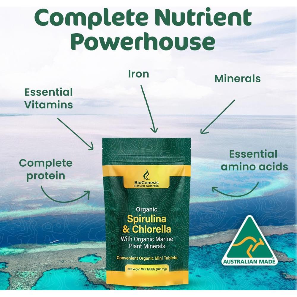 Espirulina y Chlorella Orgánica BioGenesis 300 Tabletas Veganas