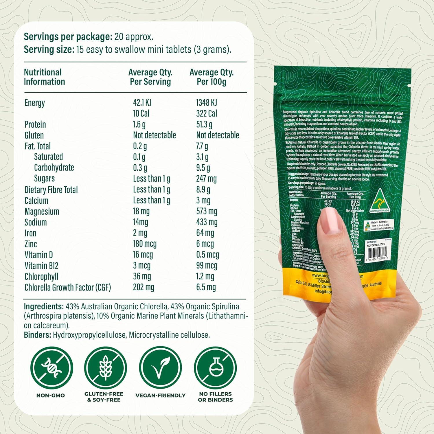 Espirulina y Chlorella Orgánica BioGenesis 300 Tabletas Veganas