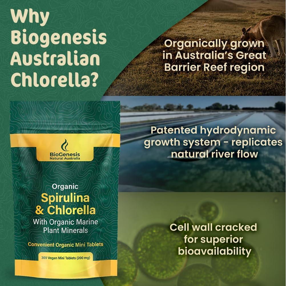 Espirulina y Chlorella Orgánica BioGenesis 300 Tabletas Veganas