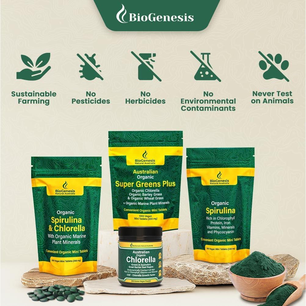 Espirulina y Chlorella Orgánica BioGenesis 300 Tabletas Veganas